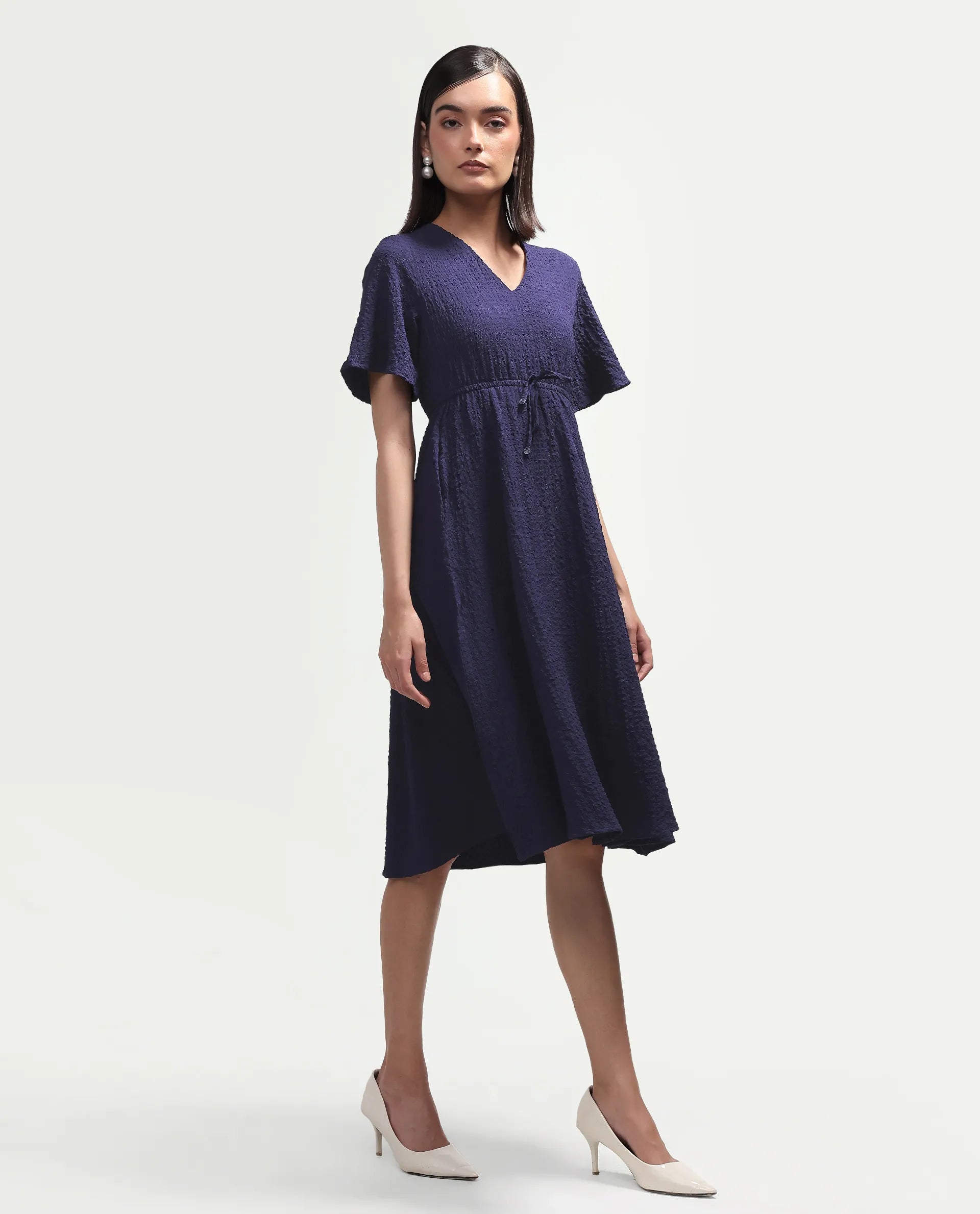 Rareism Women's Vondien Navy Polyester V-Neck Flared Plain Dress