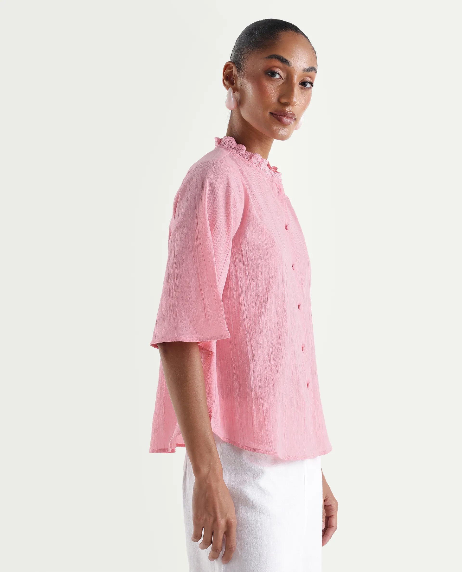 Rareism Women's Velpa Pink Cotton Ruffled Neck Relaxed Plain Top