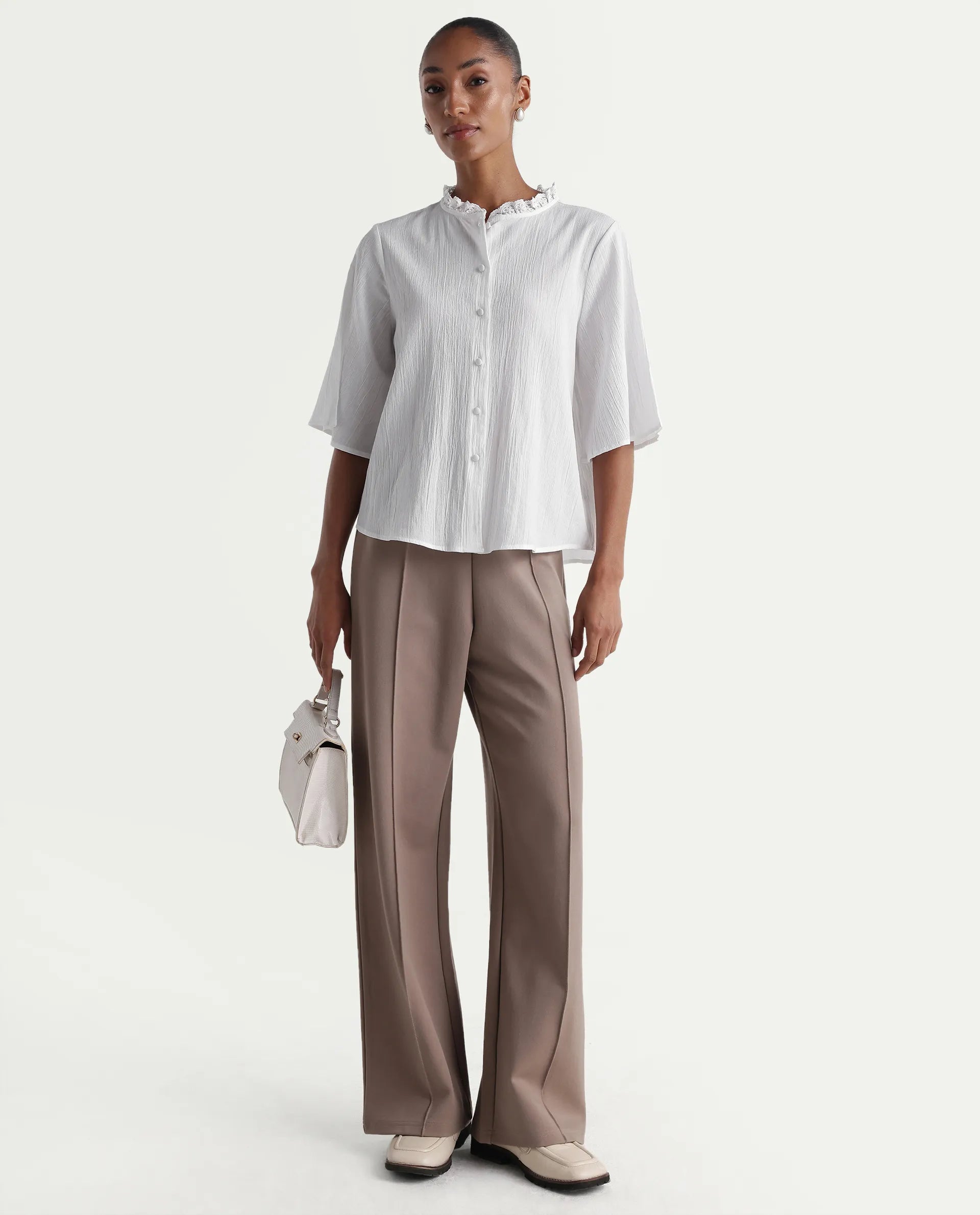 Rareism Women's Velpa White Cotton Ruffled Neck Relaxed Plain Top