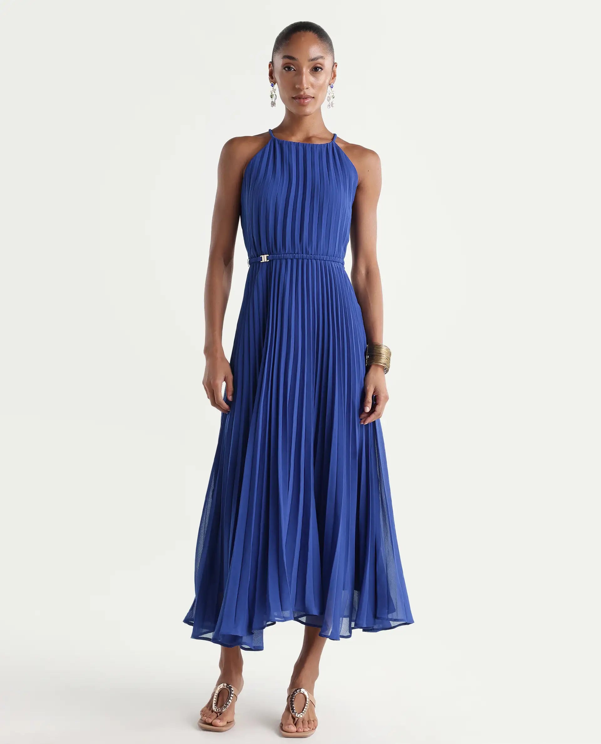 Rareism Women's Keplet Blue Polyester Halter Neck A-Line Plain Dress