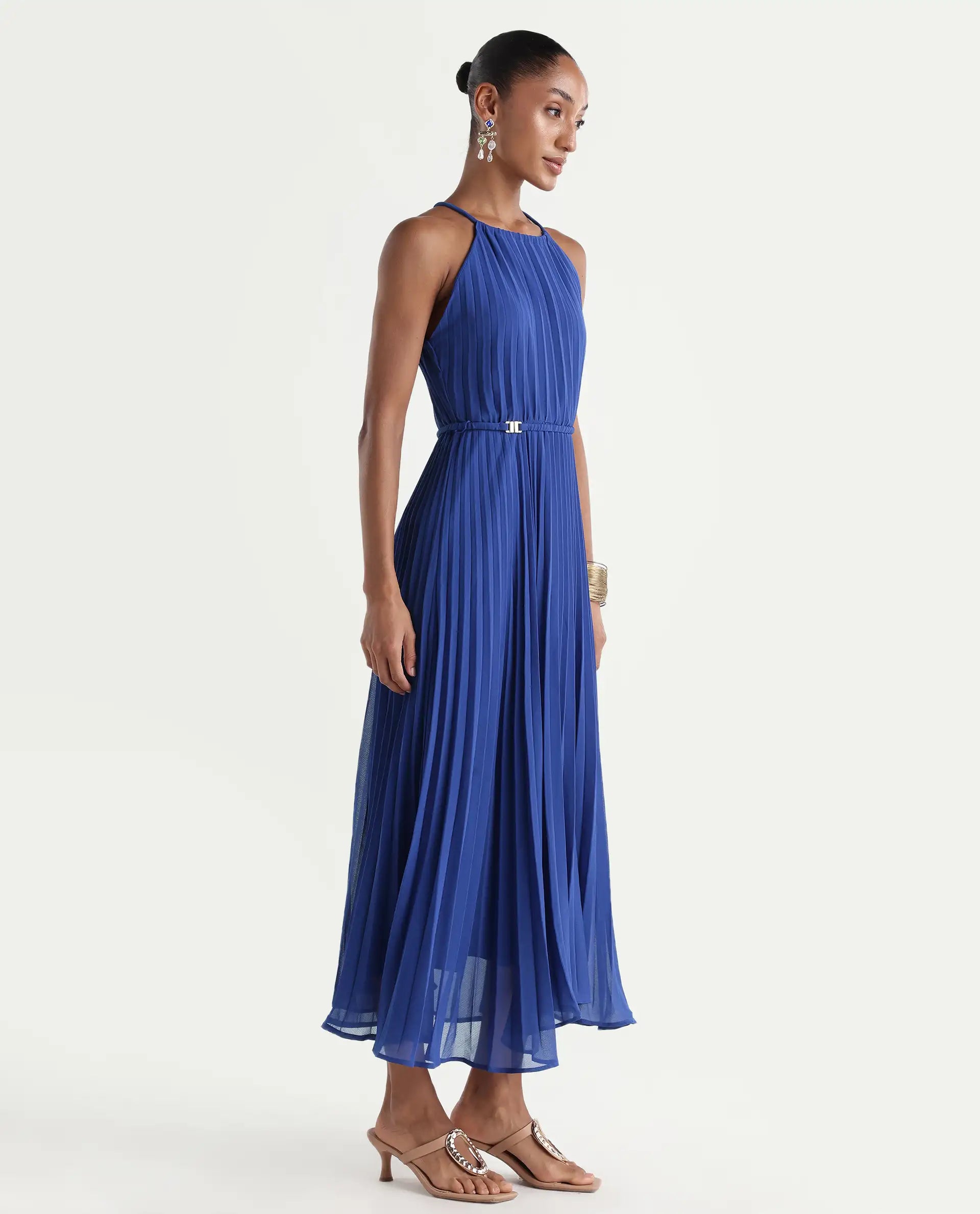 Rareism Women's Keplet Blue Polyester Halter Neck A-Line Plain Dress