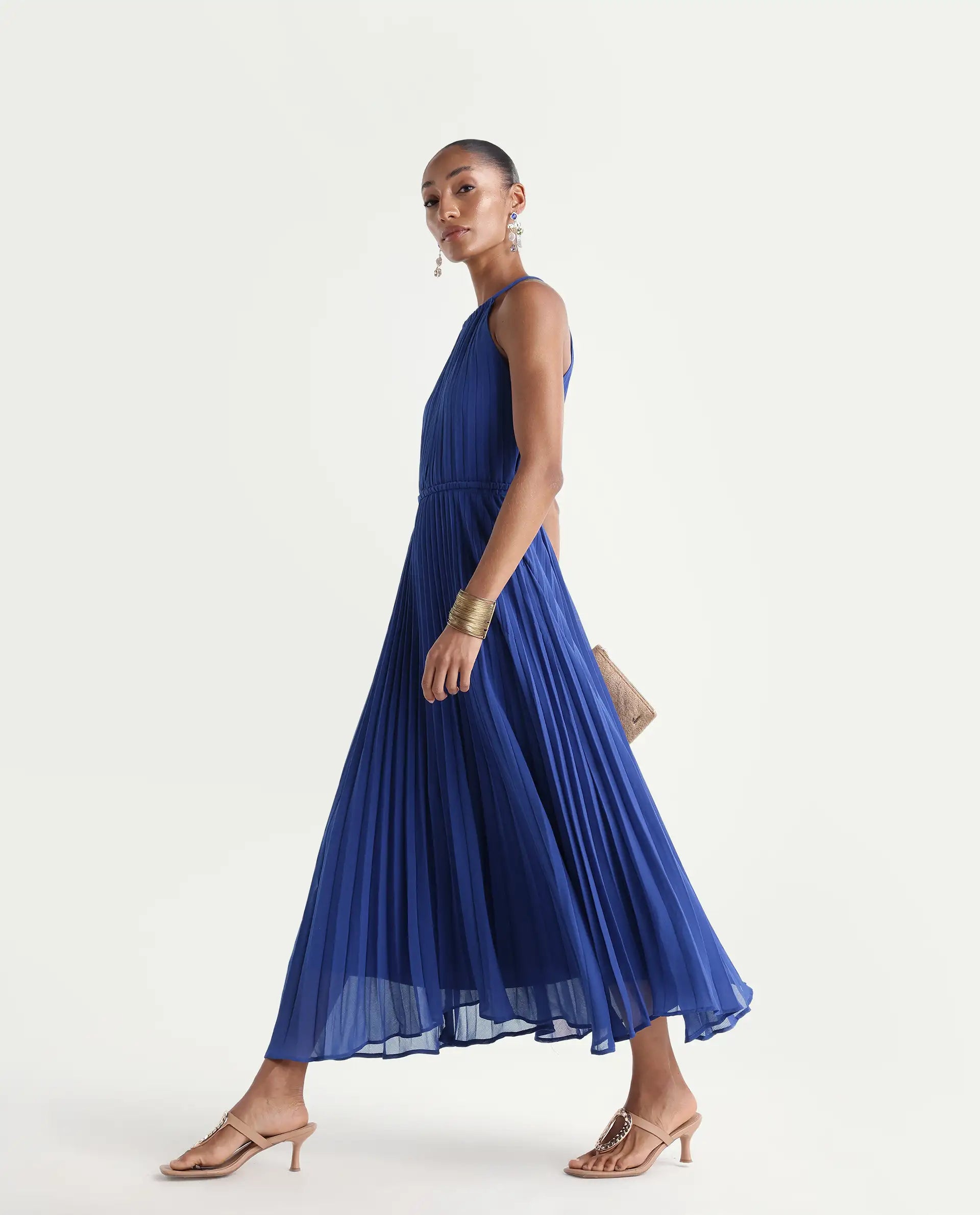 Rareism Women's Keplet Blue Polyester Halter Neck A-Line Plain Dress