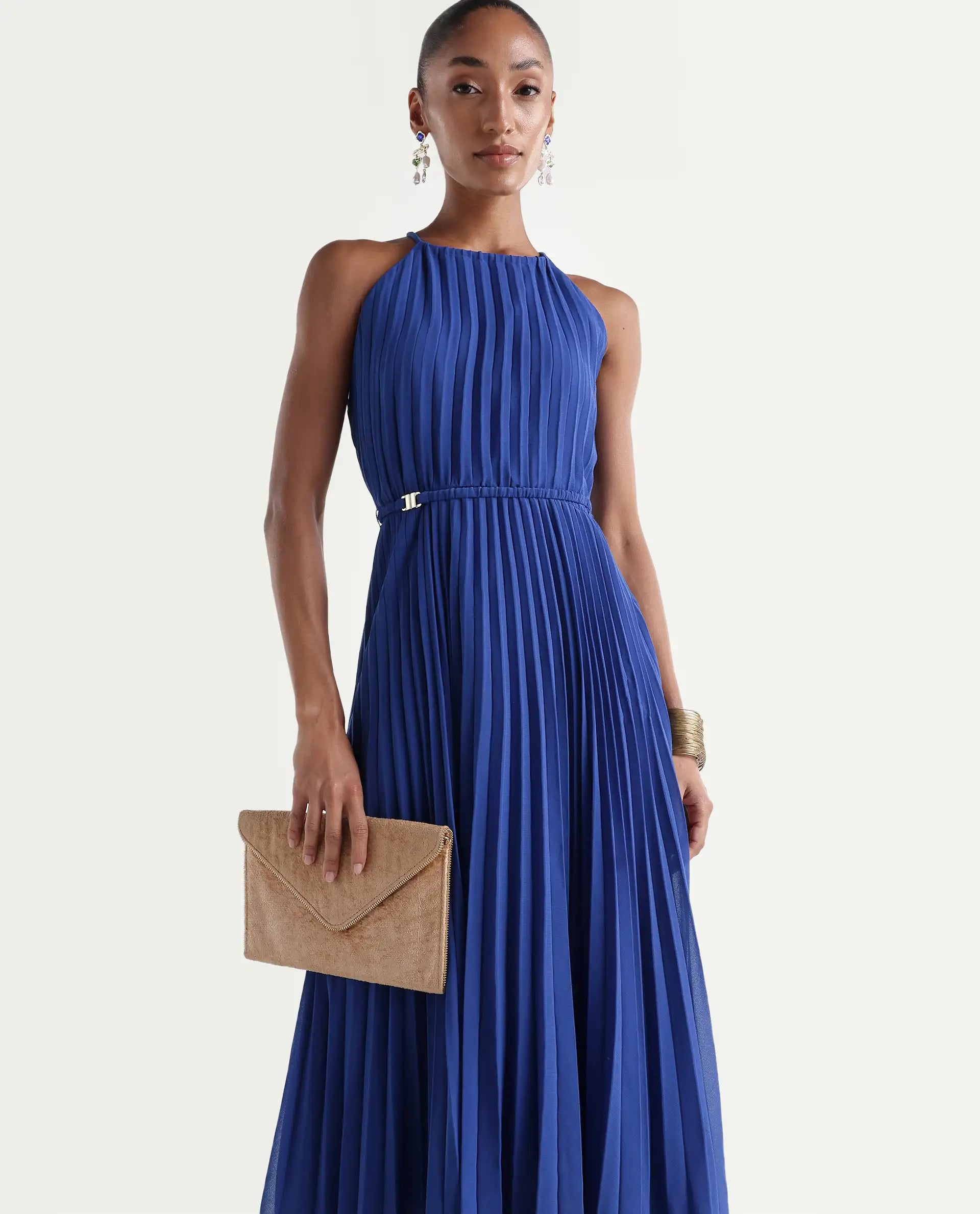 Rareism Women's Keplet Blue Polyester Halter Neck A-Line Plain Dress
