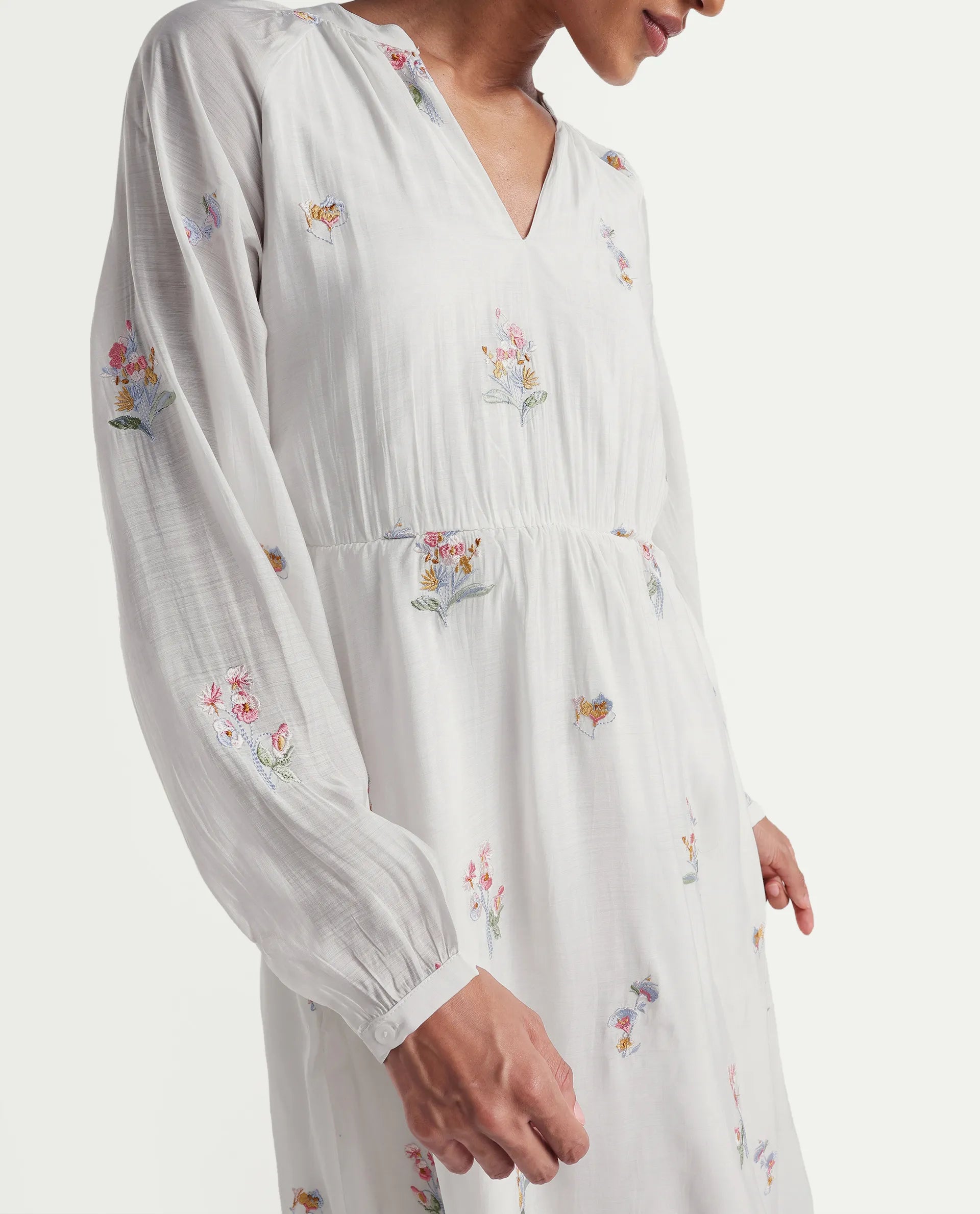 Rareism Women's Huri Off White Viscose Blend Band Collar Fit And Flare Plain Dress