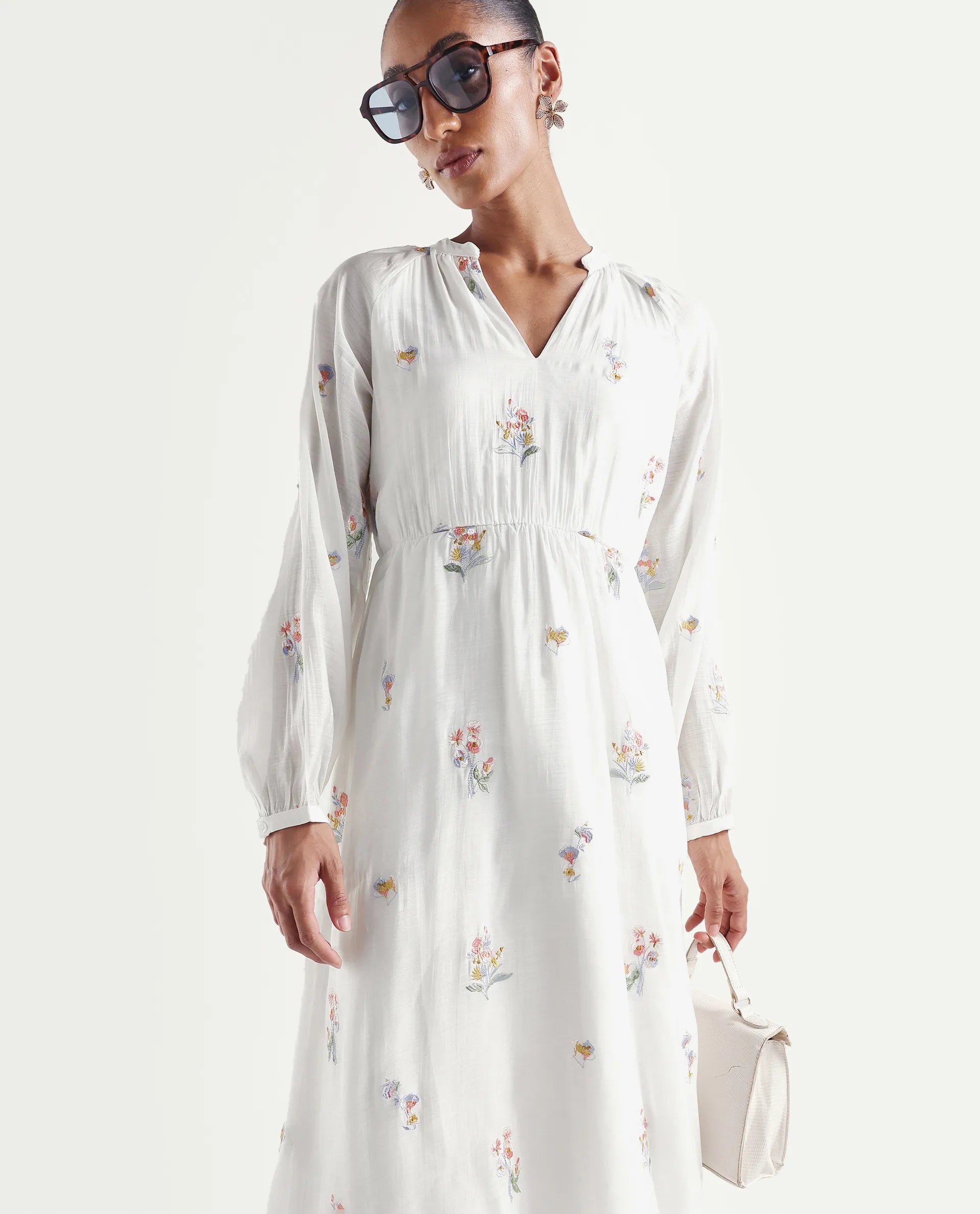 Rareism Women's Huri Off White Viscose Blend Band Collar Fit And Flare Plain Dress