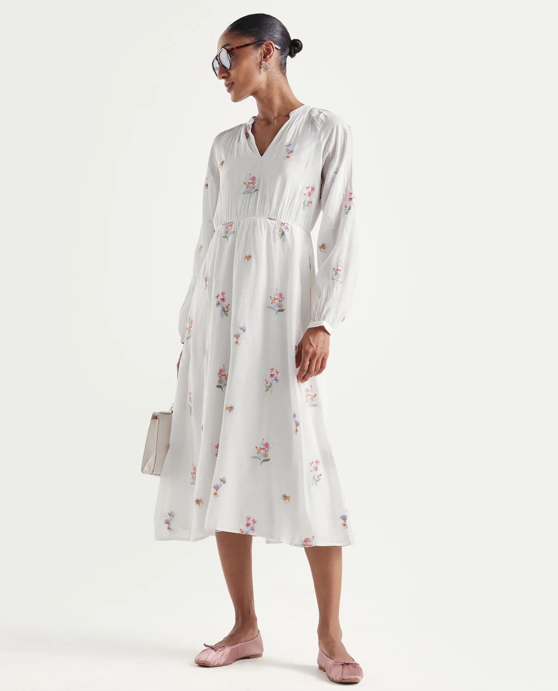 Rareism Women's Huri Off White Viscose Blend Band Collar Fit And Flare Plain Dress