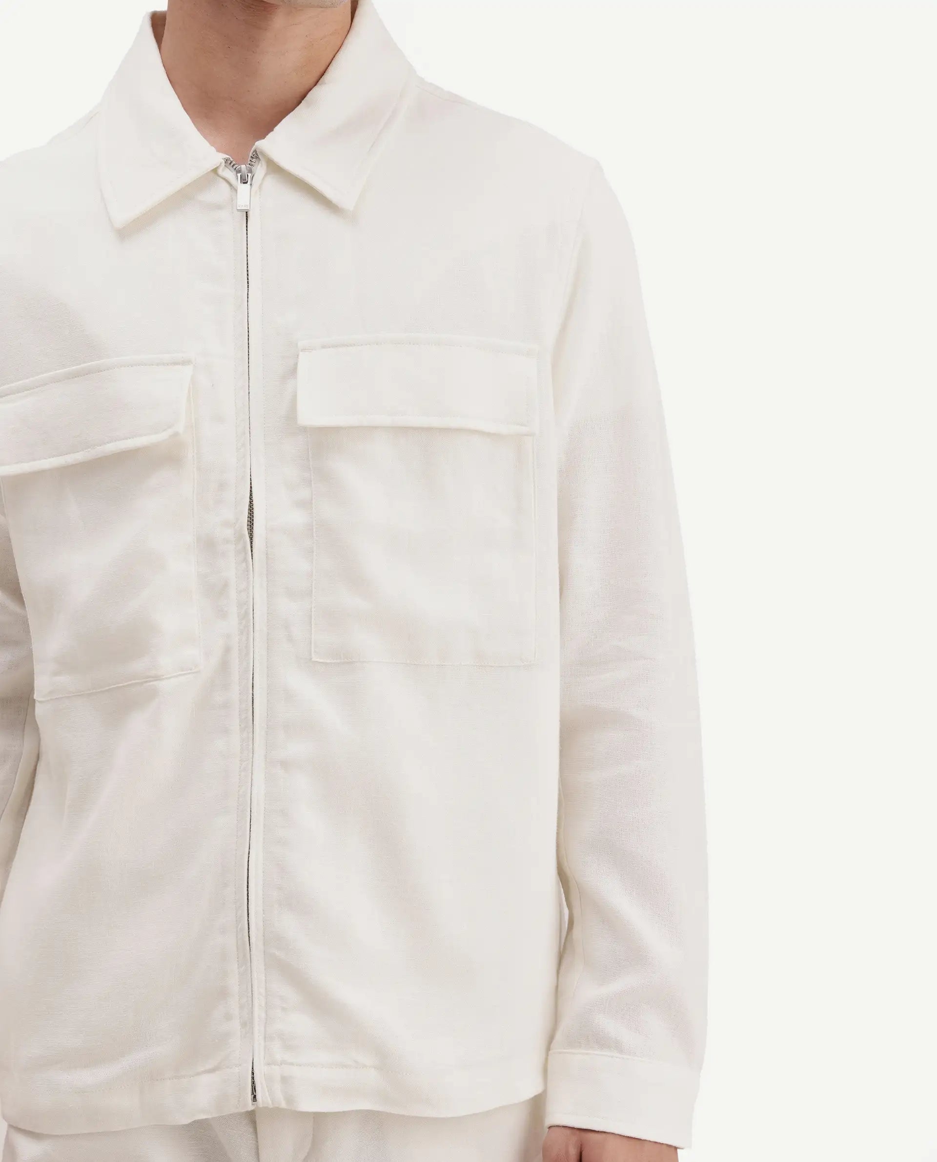 Rare Rabbit Men's Jomo-T-26 Off White Linen Blend Spread Collar Zipper Regular Plain Shacket