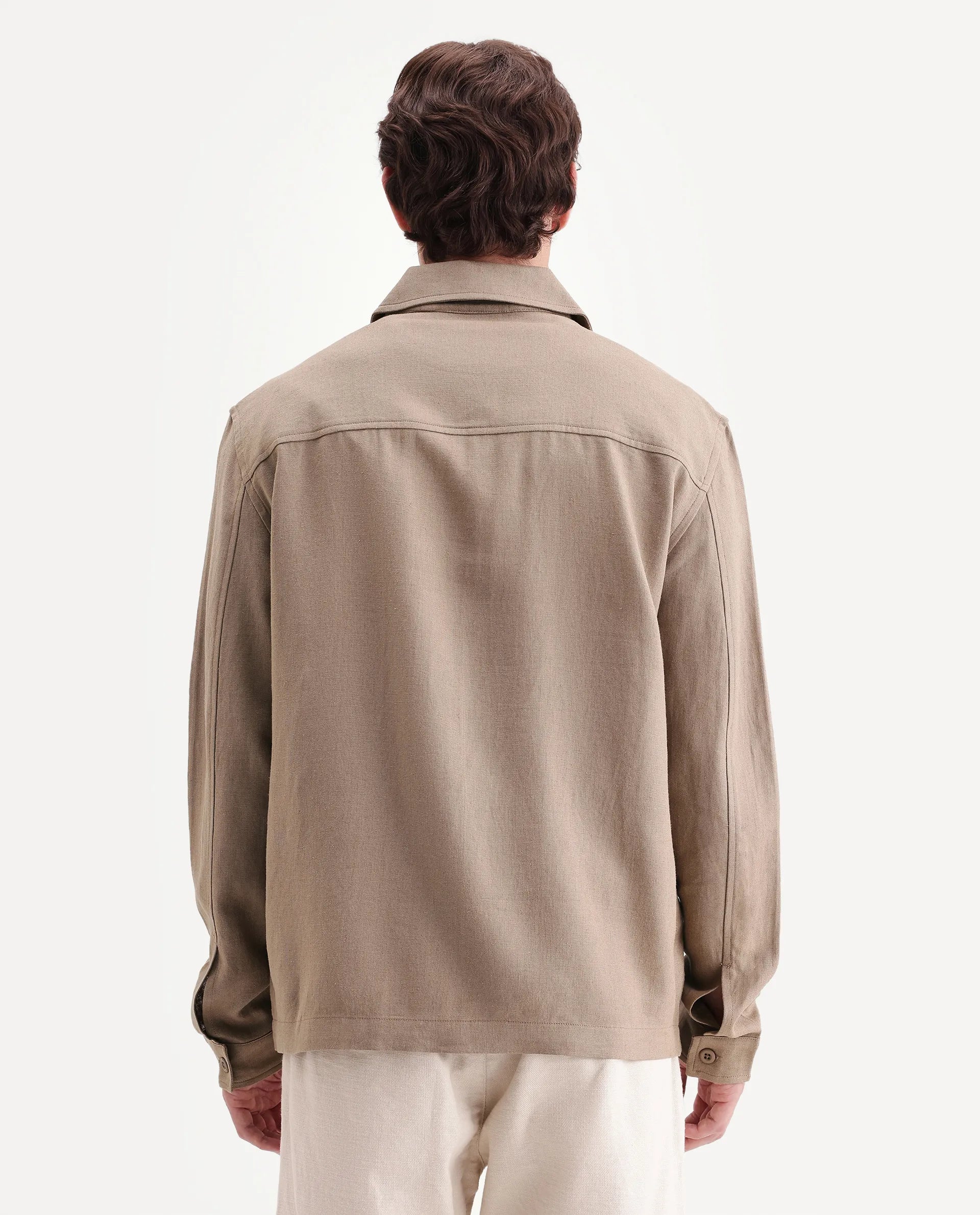 Rare Rabbit Men's Jomo-T-26 Khaki Linen Blend Spread Collar Zipper Regular Plain Shacket