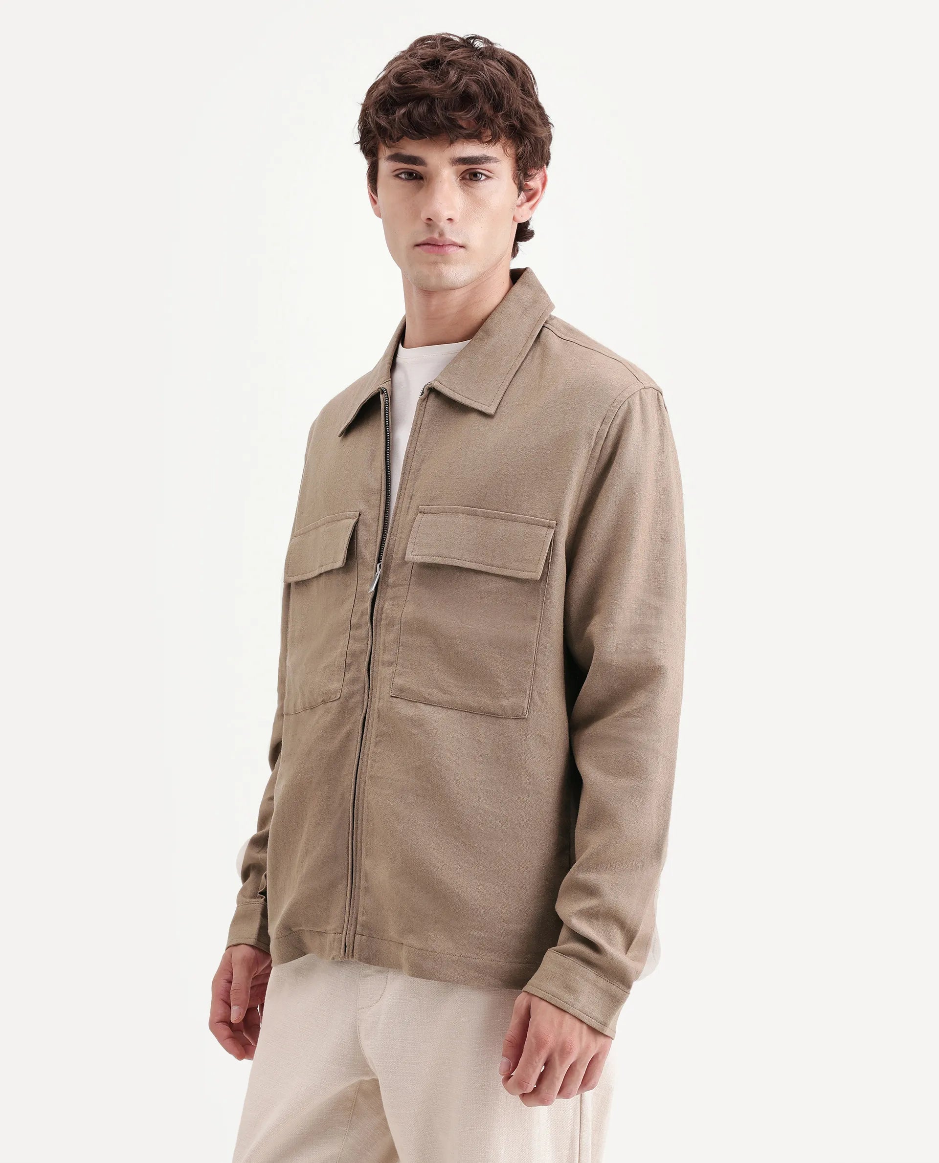 Rare Rabbit Men's Jomo-T-26 Khaki Linen Blend Spread Collar Zipper Regular Plain Shacket