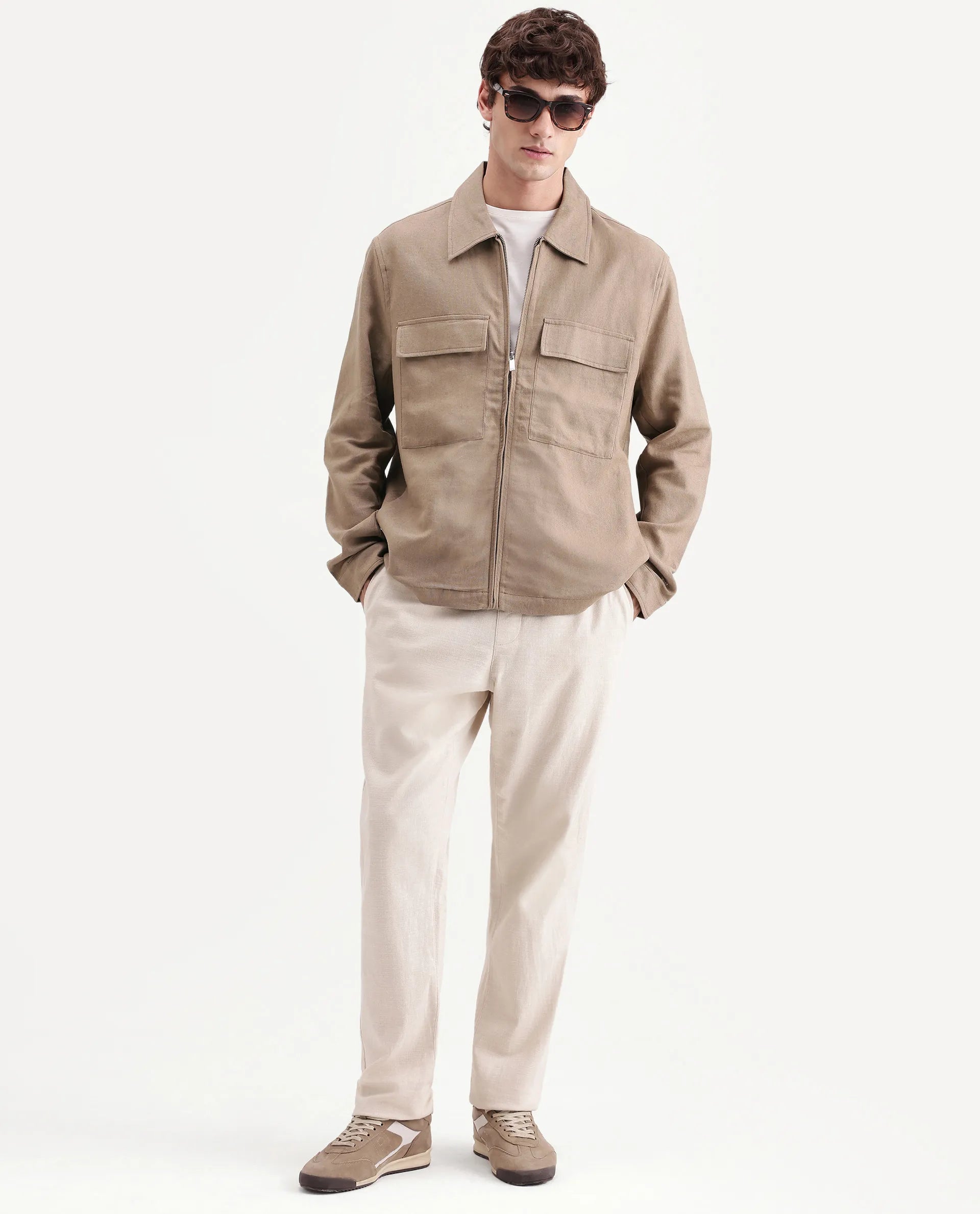 Rare Rabbit Men's Jomo-T-26 Khaki Linen Blend Spread Collar Zipper Regular Plain Shacket