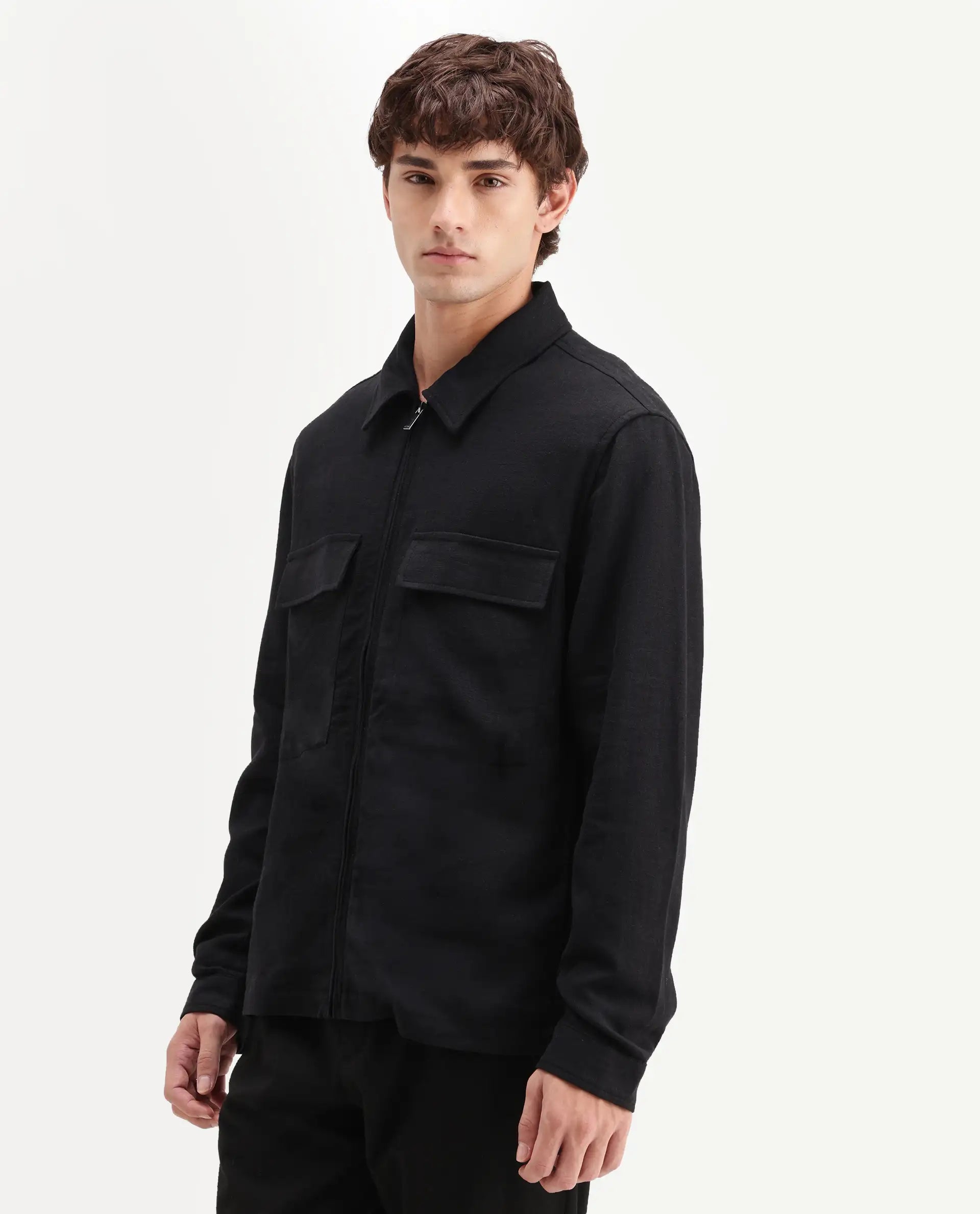 Rare Rabbit Men's Jomo-T-26 Black Linen Blend Spread Collar Zipper Regular Plain Shacket