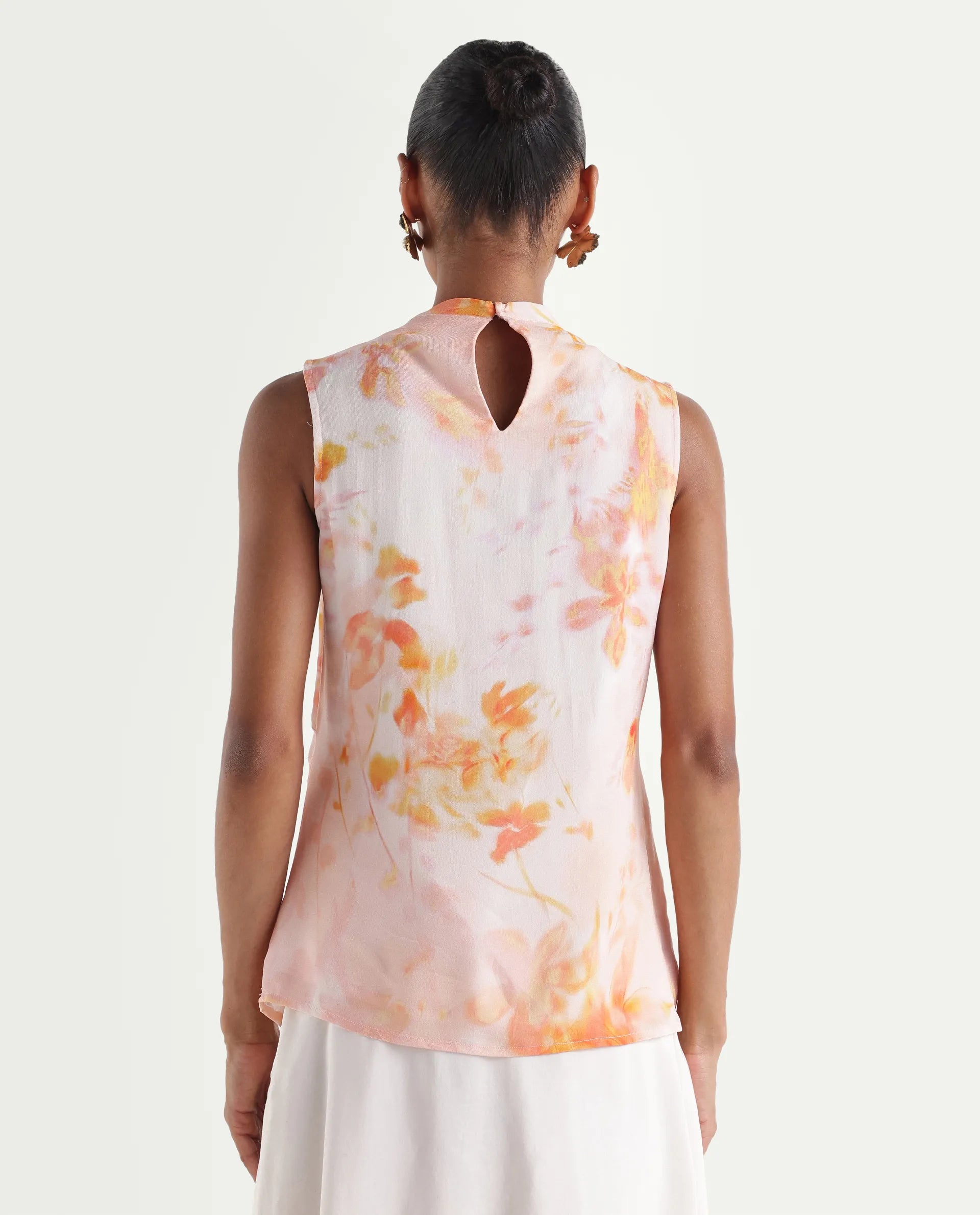 Rareism Women's Hetha Pastel Peach Viscose Blend High Neck Regular All Over Print Top