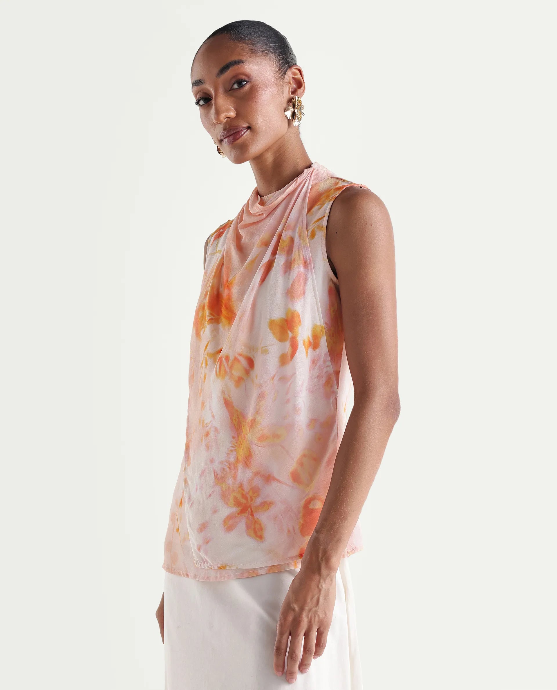 Rareism Women's Hetha Pastel Peach Viscose Blend High Neck Regular All Over Print Top