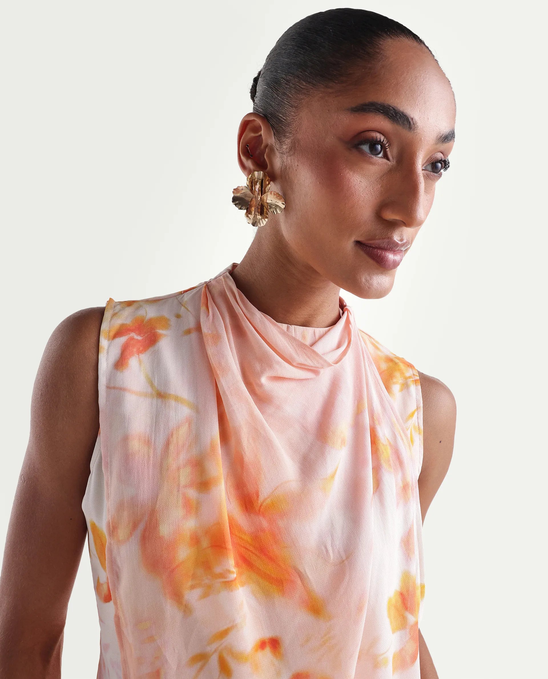 Rareism Women's Hetha Pastel Peach Viscose Blend High Neck Regular All Over Print Top