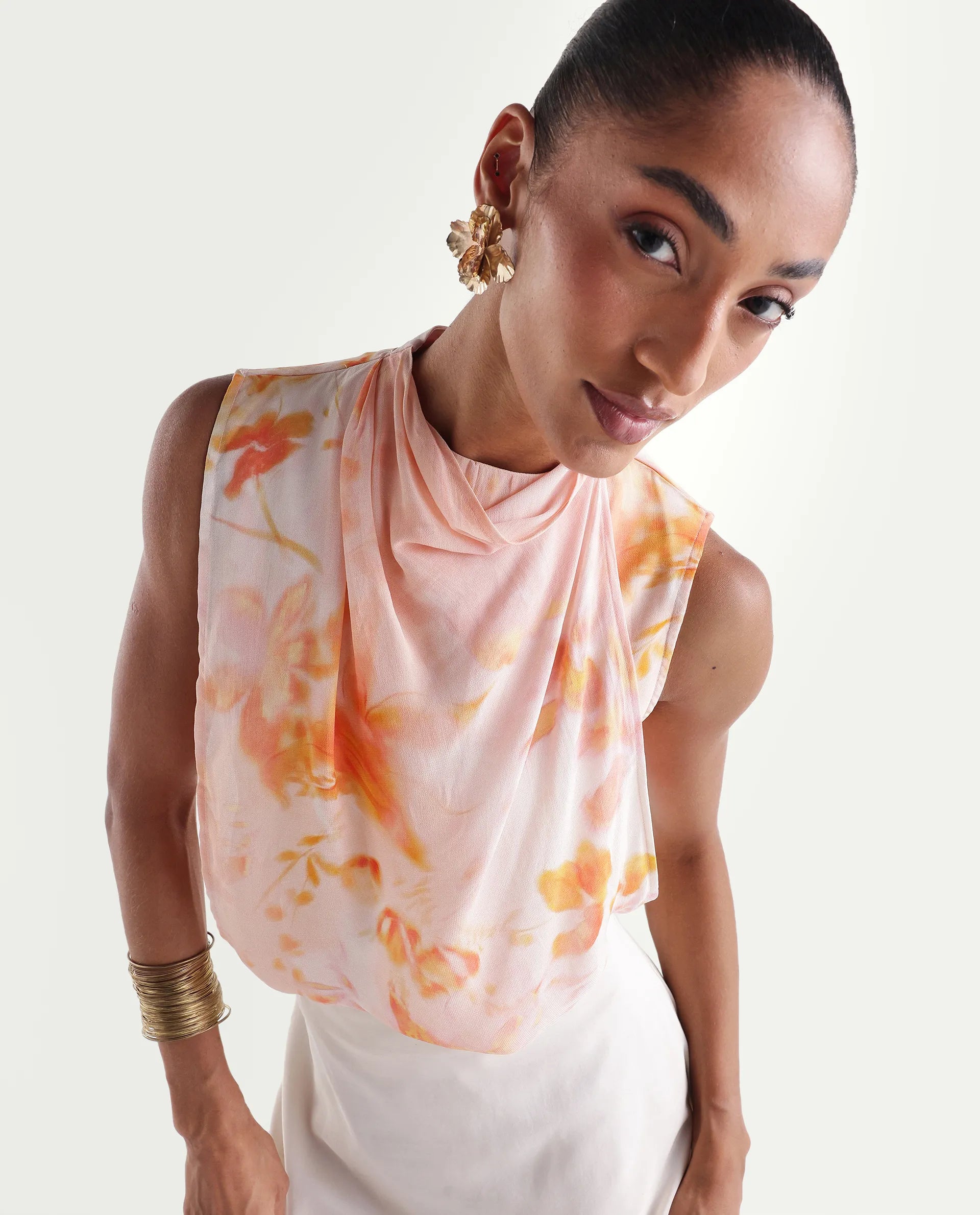 Rareism Women's Hetha Pastel Peach Viscose Blend High Neck Regular All Over Print Top