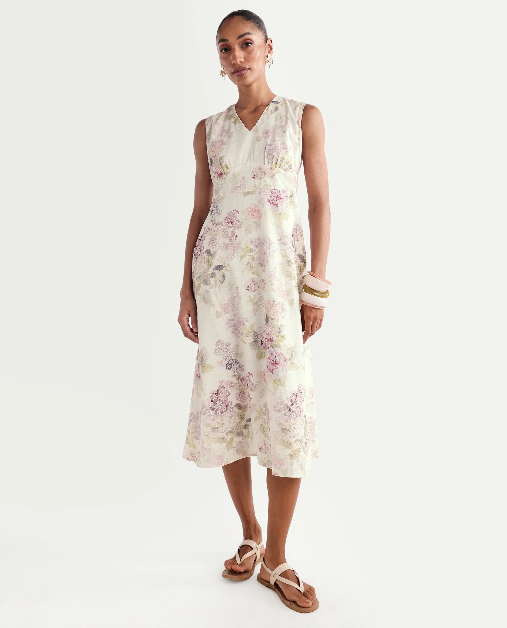 Rareism Women's Rugo Light Beige Cotton V-Neck A-Line Floral Print Dress