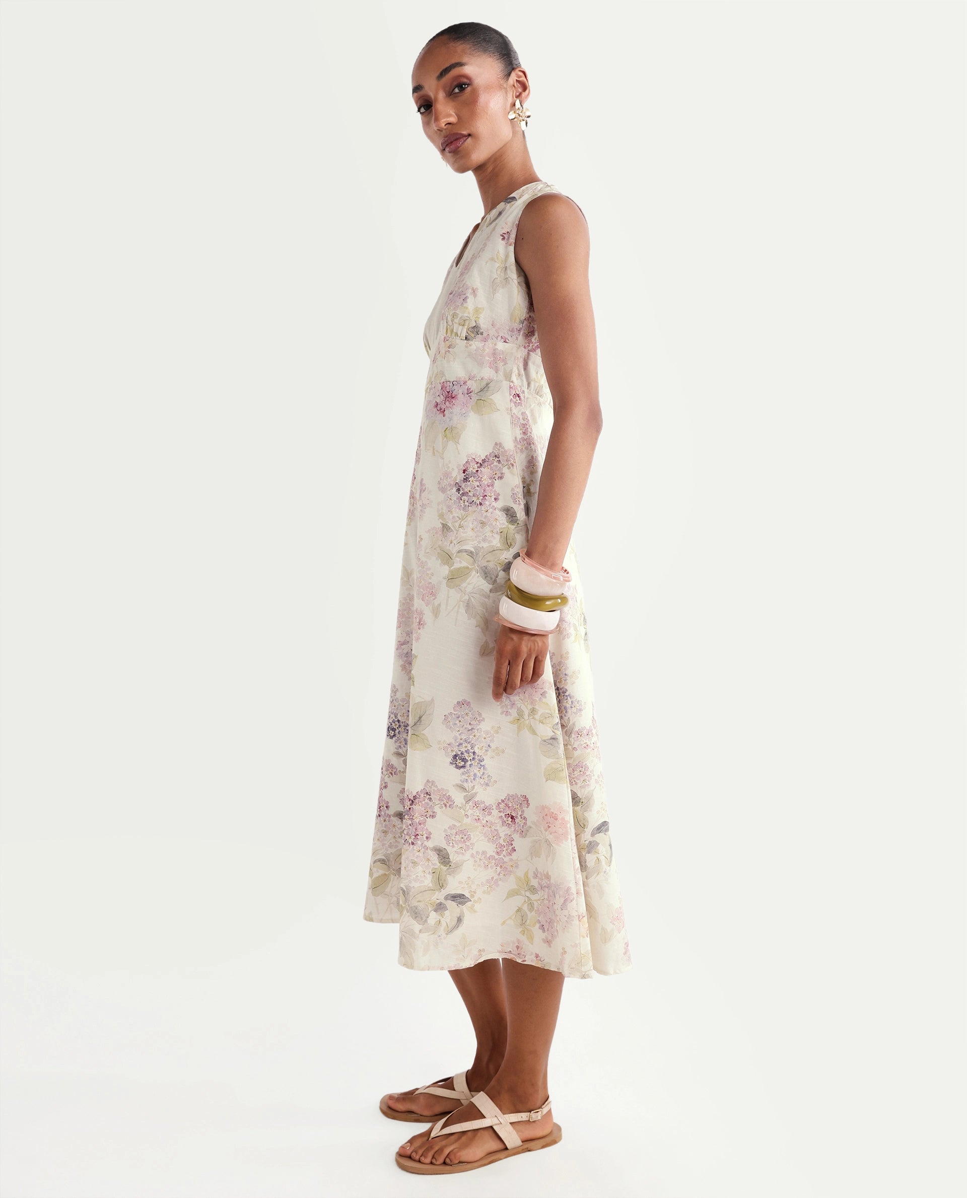Rareism Women's Rugo Light Beige Cotton V-Neck A-Line Floral Print Dress