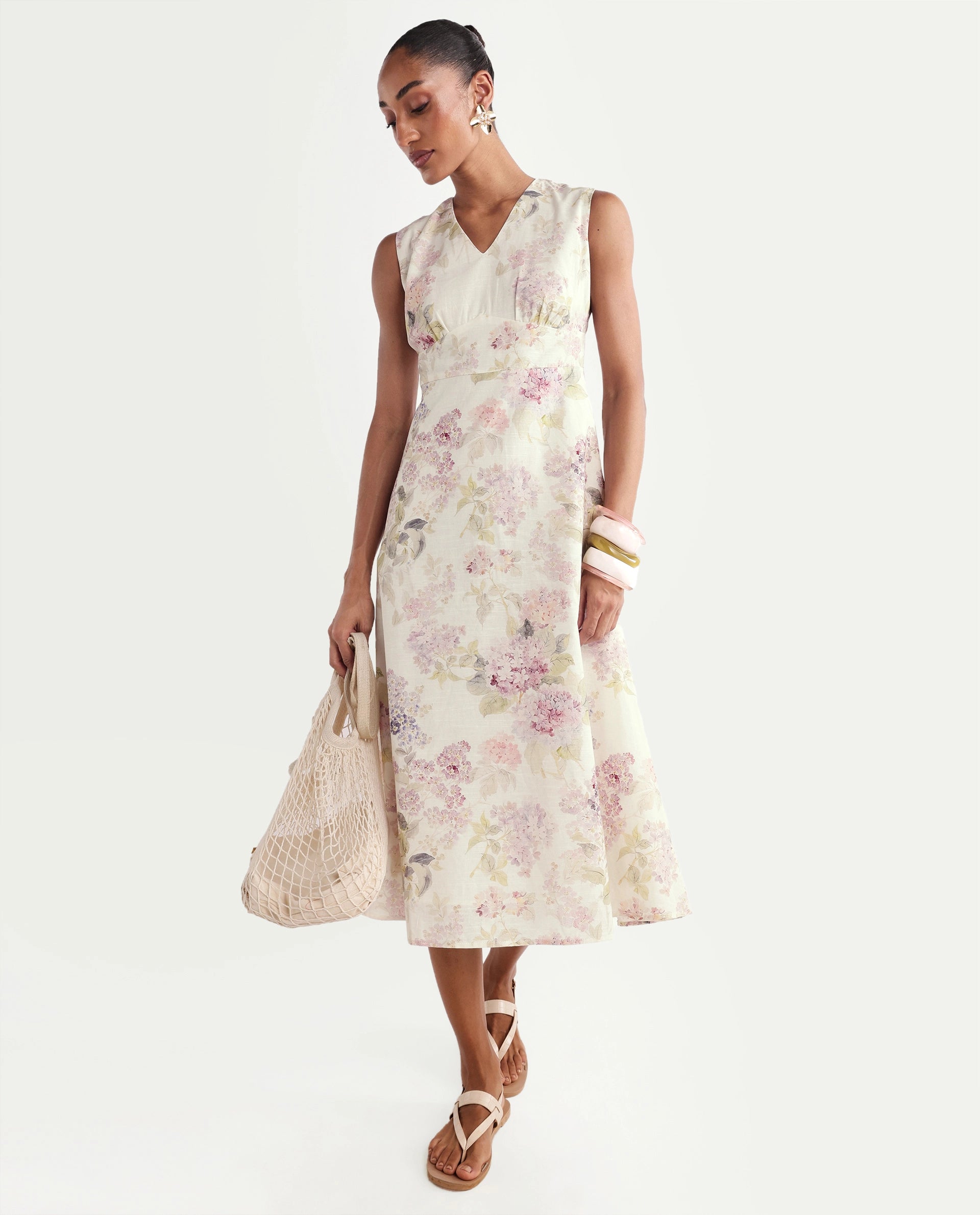 Rareism Women's Rugo Light Beige Cotton V-Neck A-Line Floral Print Dress