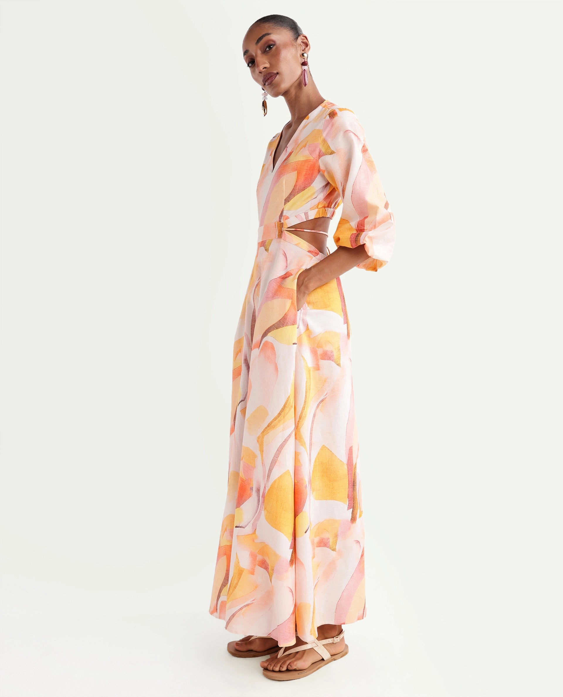 Rareism Women's Ruvin Multi Viscose Blend V-Neck Flared Abstract Print Dress