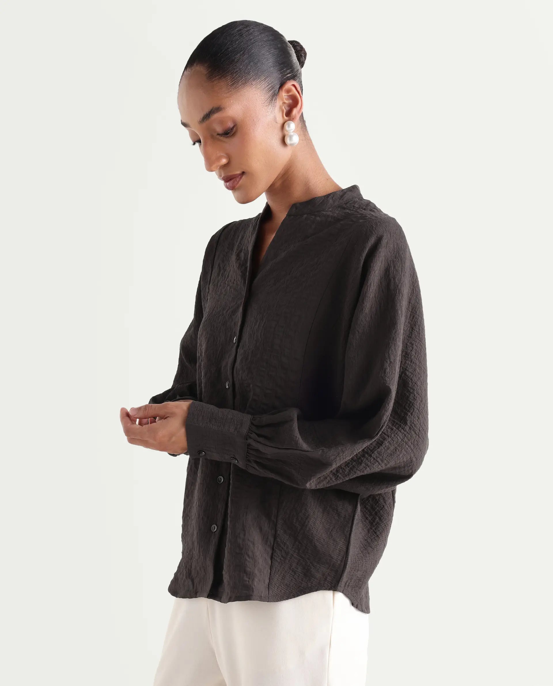 Rareism Women's Dove Brown Viscose Blend Band Collar Button Regular Plain Top