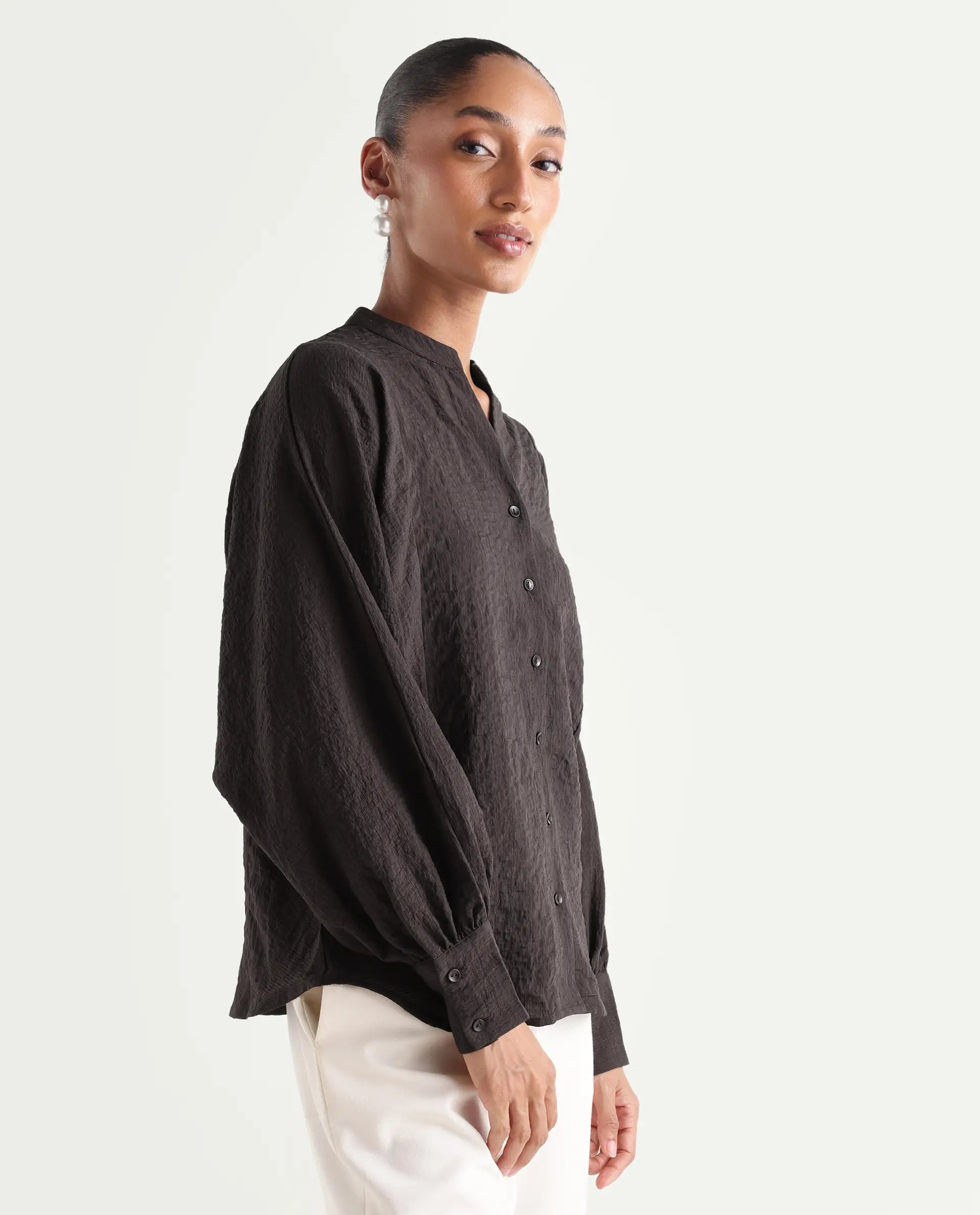 Rareism Women's Dove Brown Viscose Blend Band Collar Button Regular Plain Top