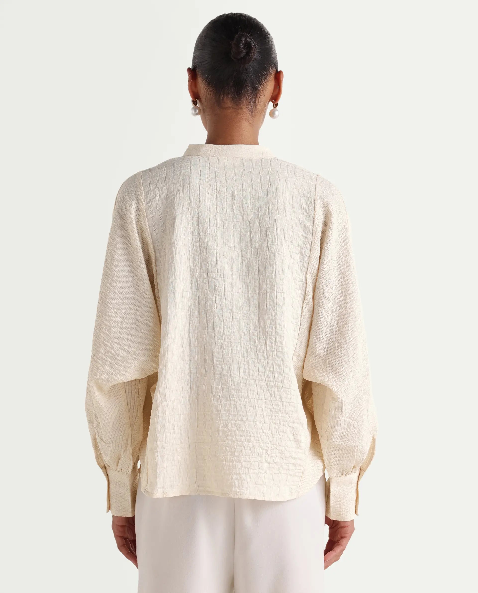 Rareism Women's Dove Off White Viscose Blend Band Collar Button Regular Plain Top