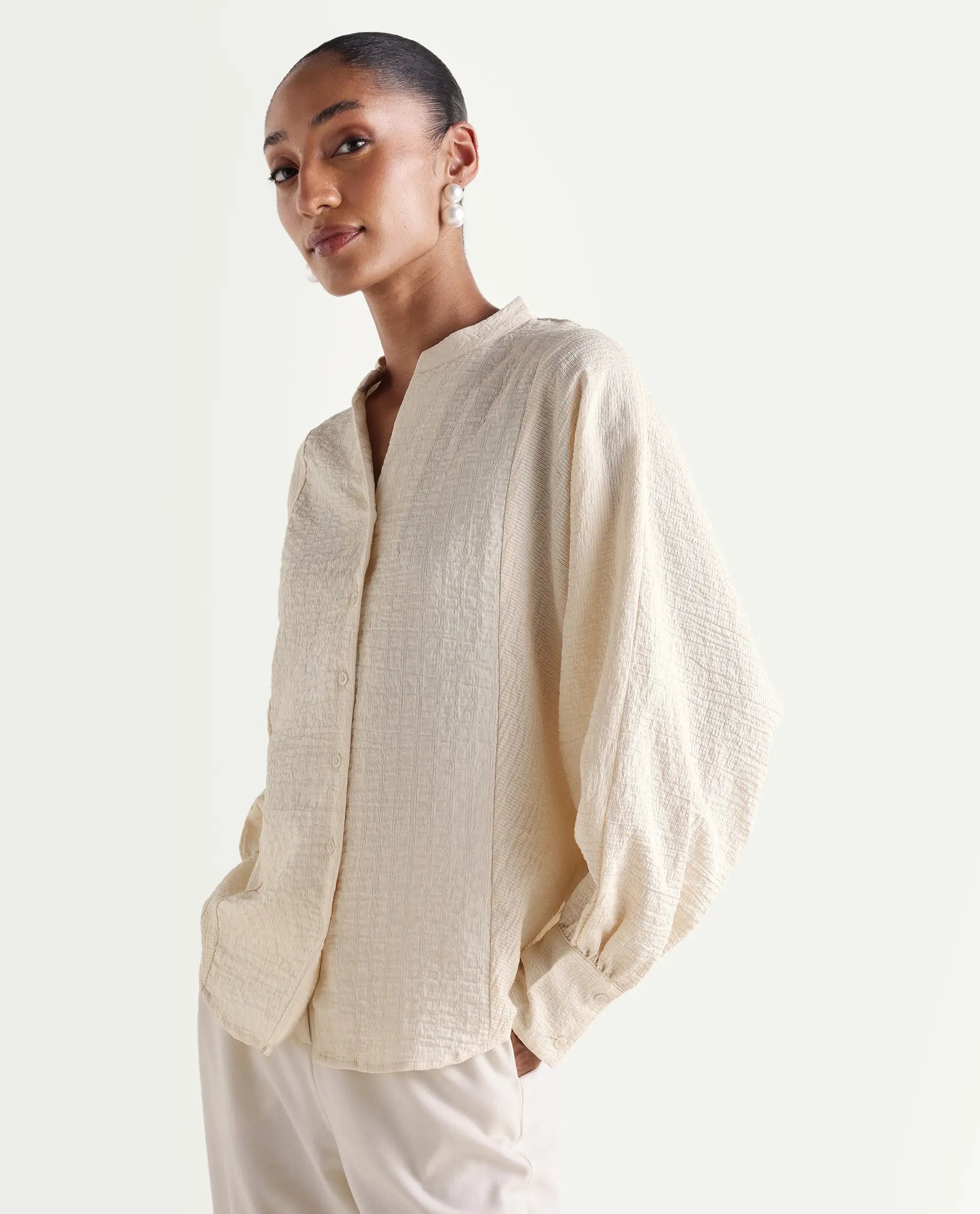 Rareism Women's Dove Off White Viscose Blend Band Collar Button Regular Plain Top