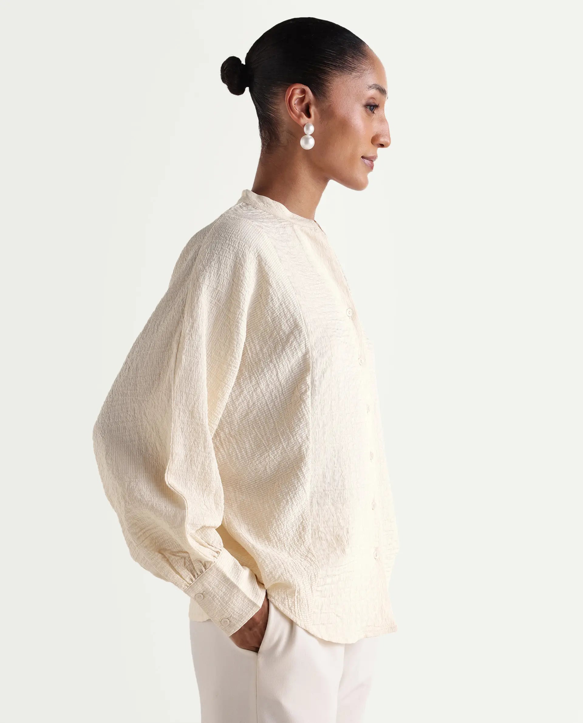 Rareism Women's Dove Off White Viscose Blend Band Collar Button Regular Plain Top
