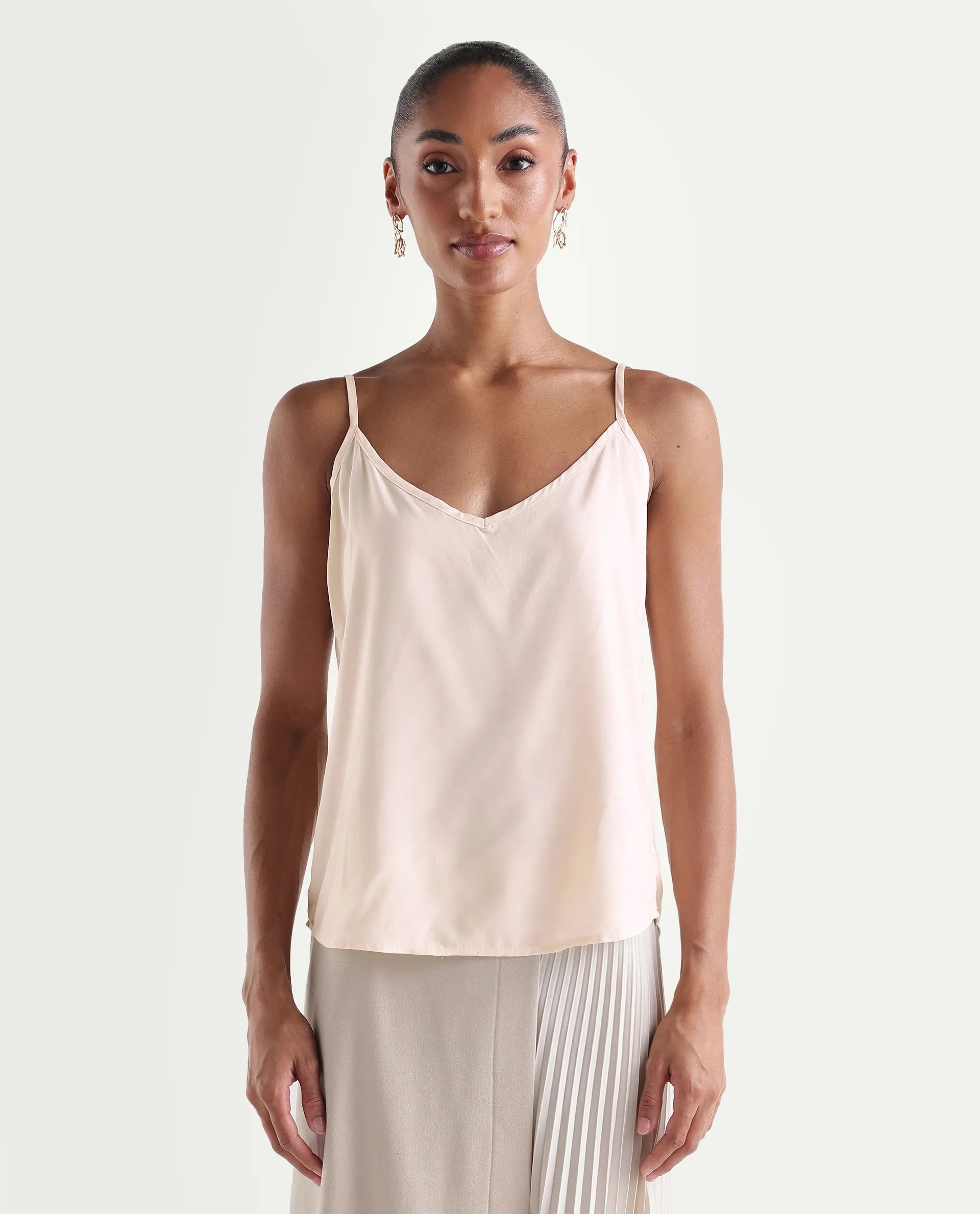 Rareism Women's Holto Beige Viscose Blend High Neck Relaxed Plain Top
