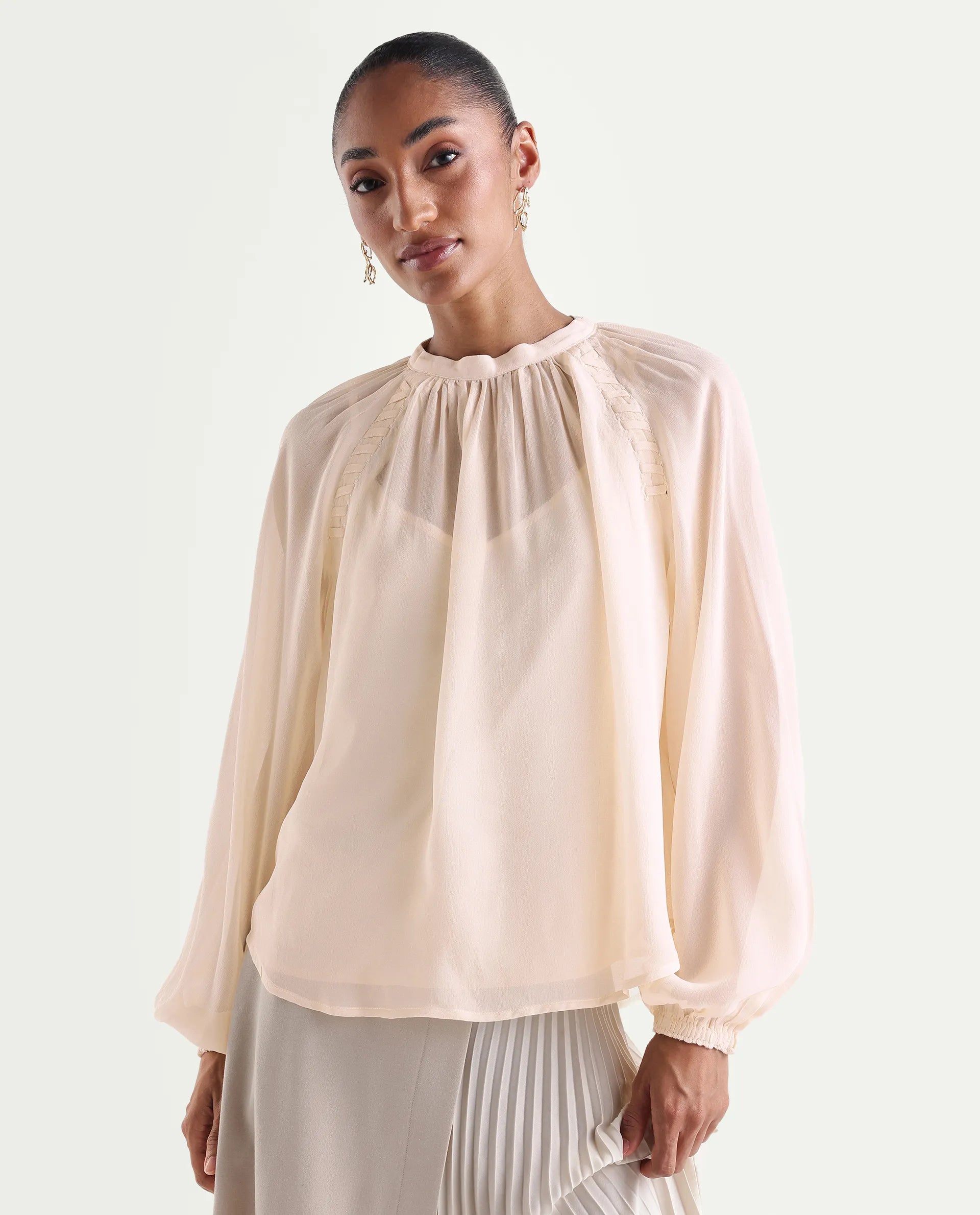 Rareism Women's Holto Beige Viscose Blend High Neck Relaxed Plain Top