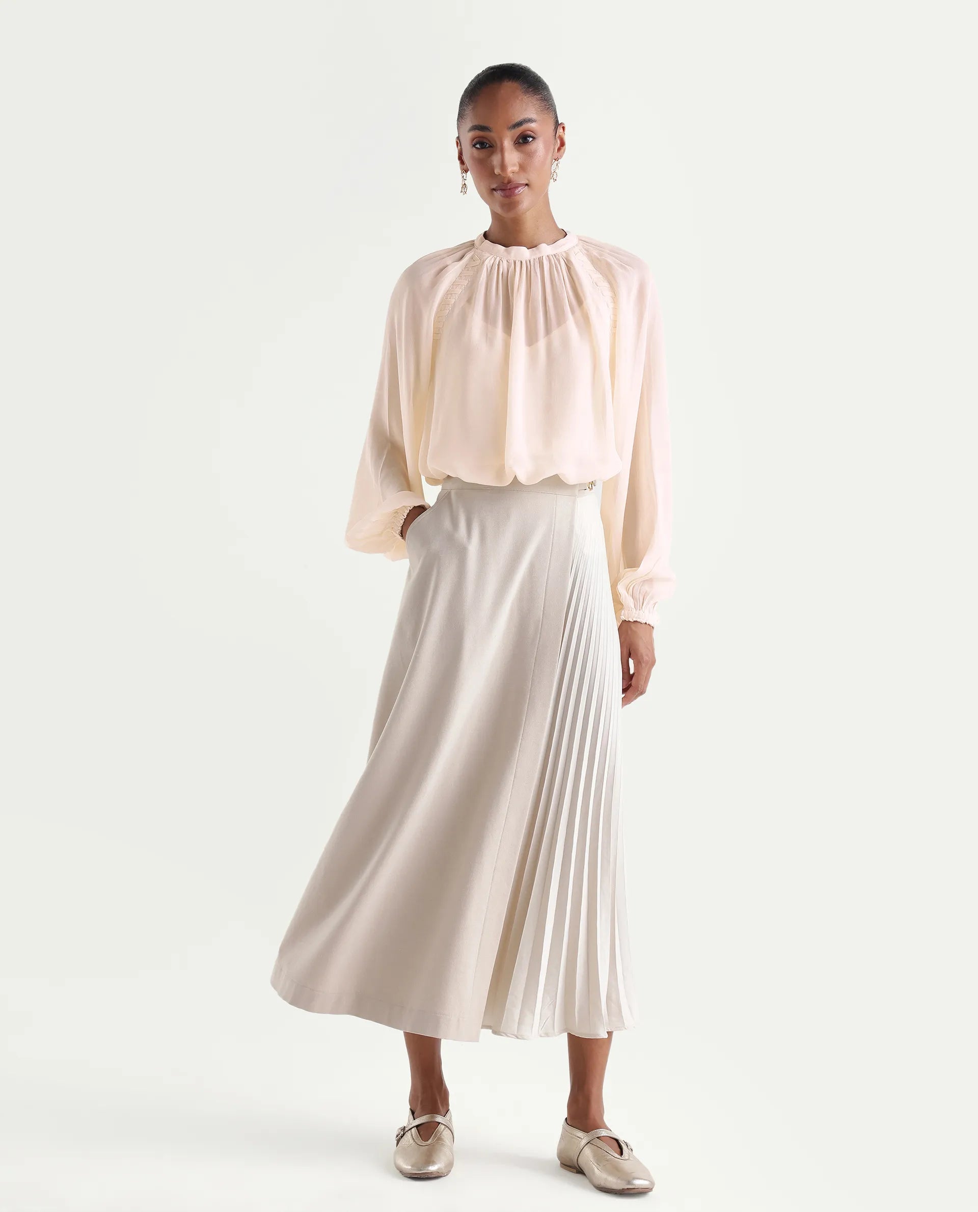 Rareism Women's Holto Beige Viscose Blend High Neck Relaxed Plain Top