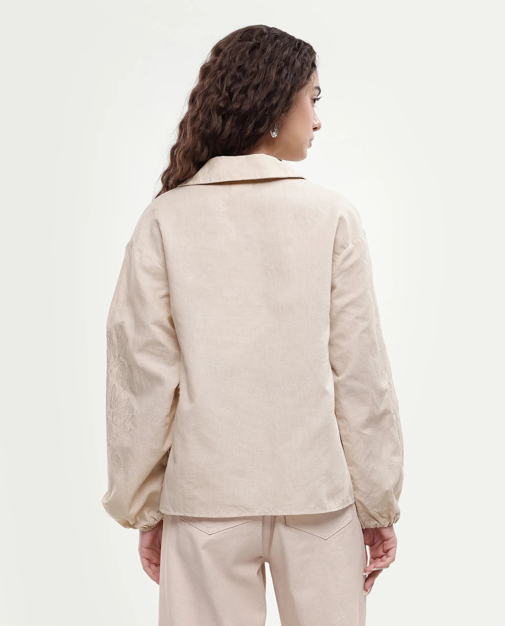 Rareism Women's Ruemb Beige Linen Blend Johnny Collar Relaxed Plain Top