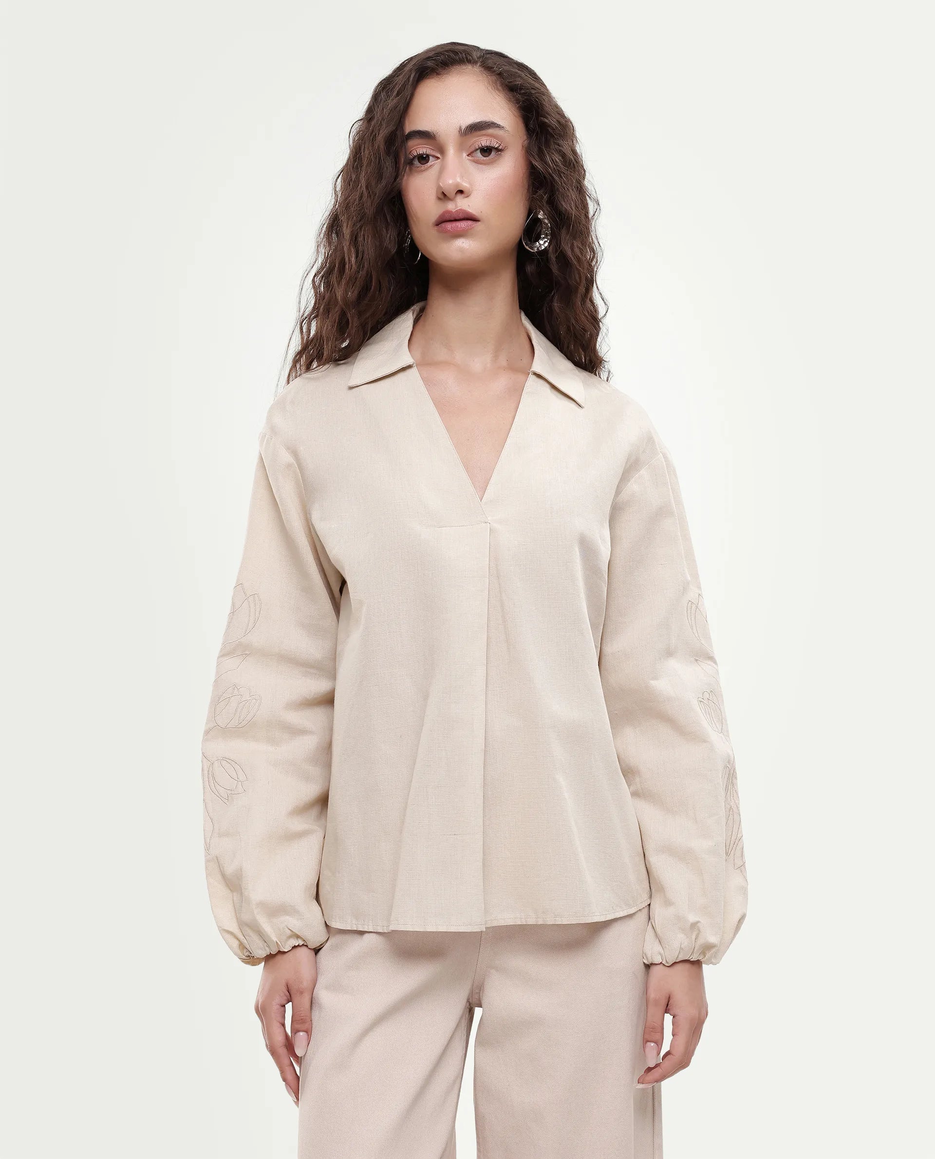 Rareism Women's Ruemb Beige Linen Blend Johnny Collar Relaxed Plain Top