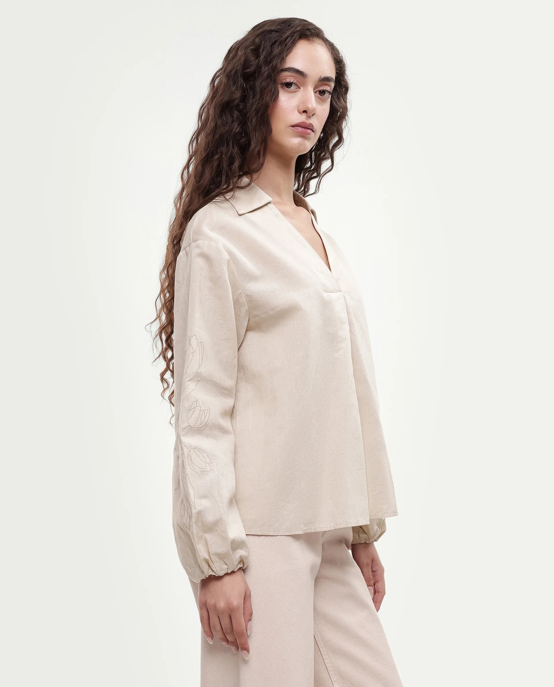 Rareism Women's Ruemb Beige Linen Blend Johnny Collar Relaxed Plain Top
