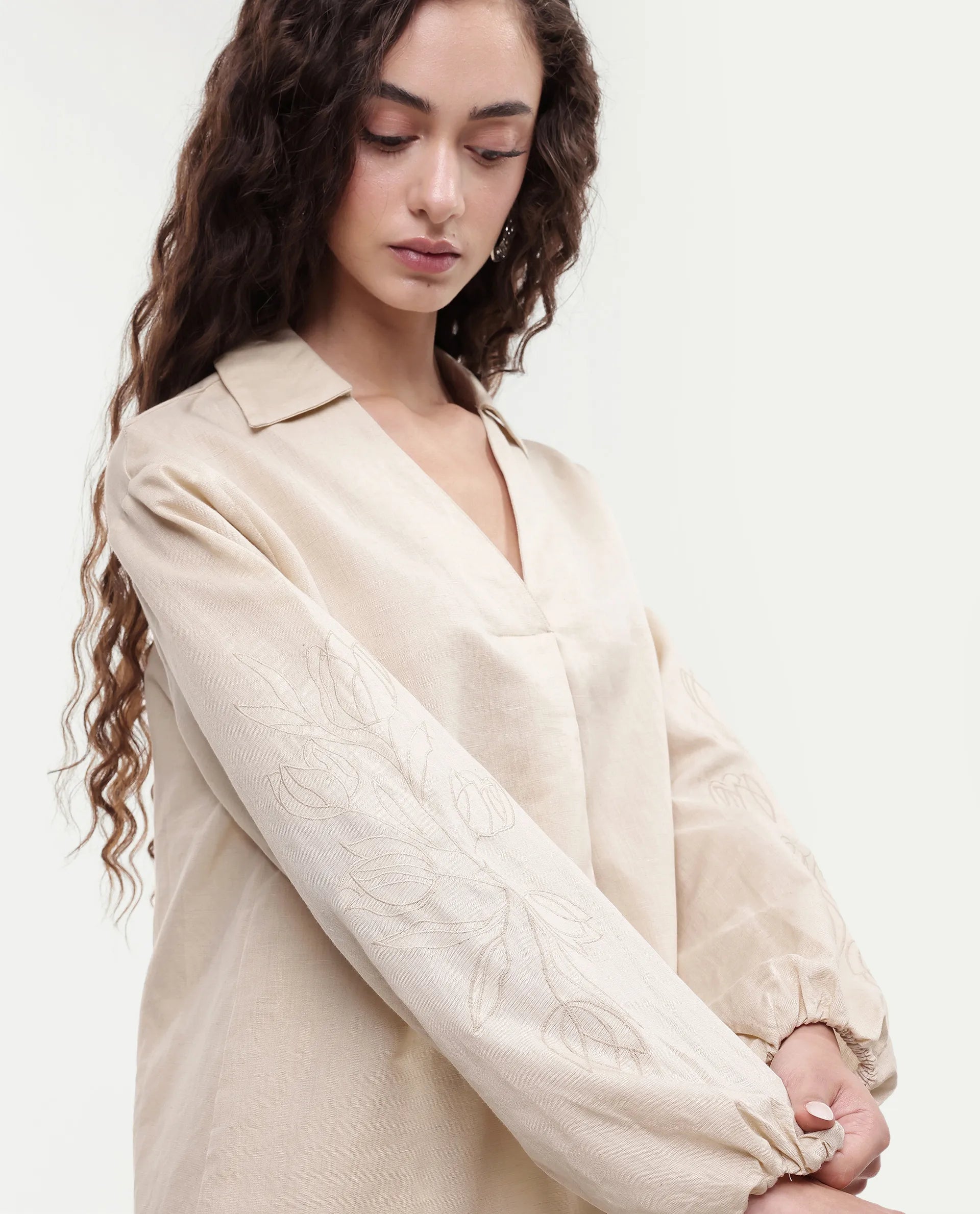 Rareism Women's Ruemb Beige Linen Blend Johnny Collar Relaxed Plain Top