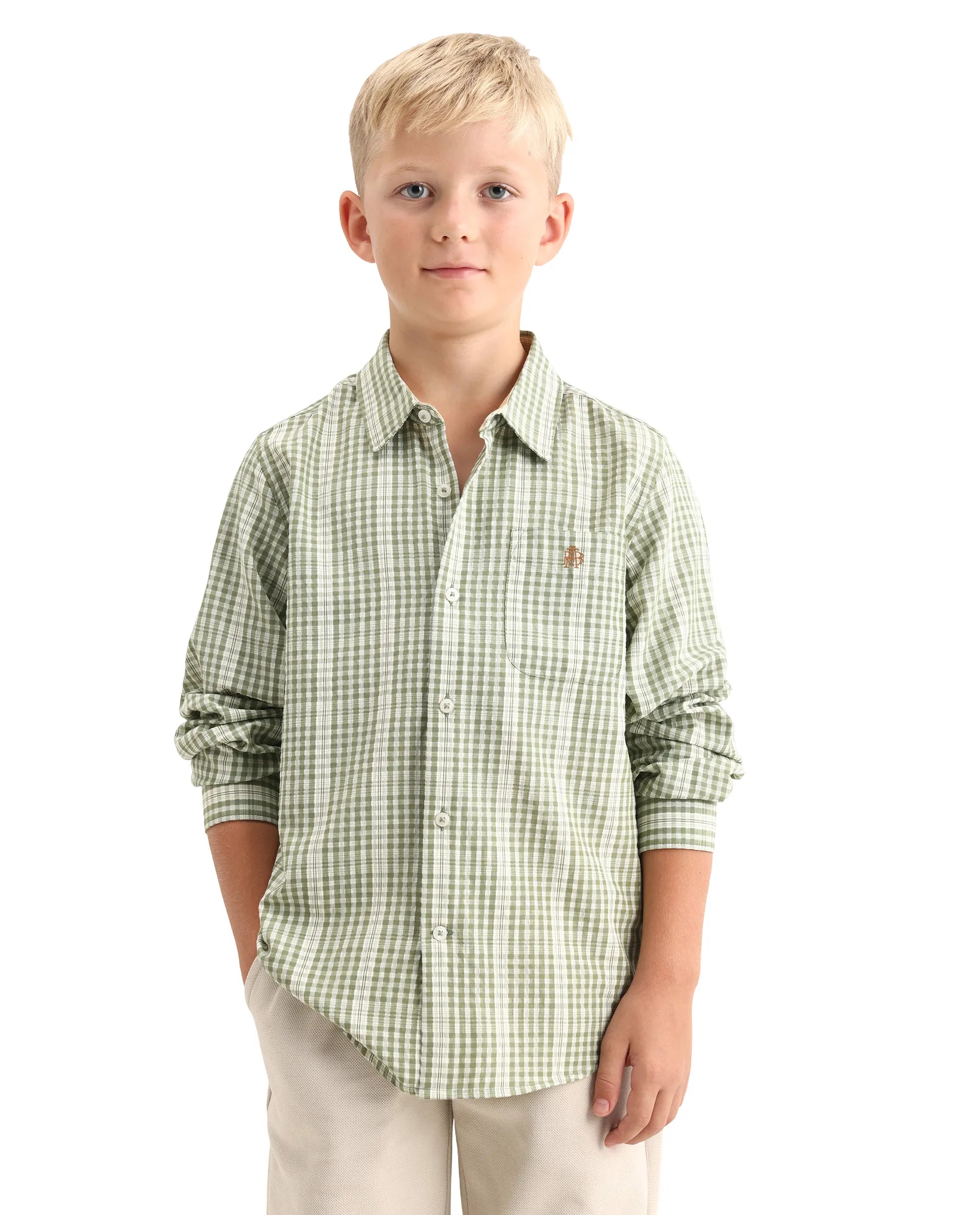 Rare Ones Kids Luton Light Green Polyester Blend Fabric Button Closure Regular Fit Shirt