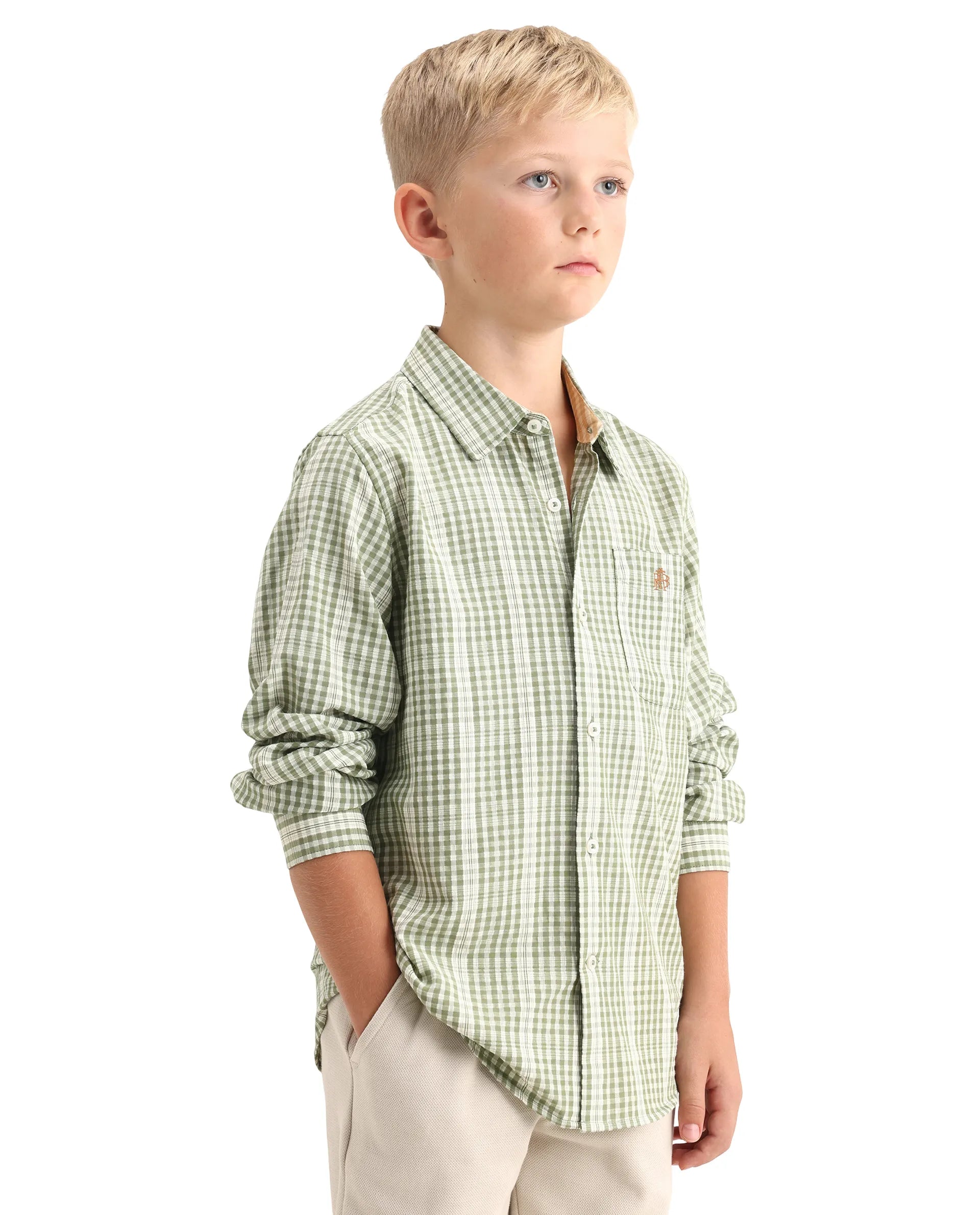 Rare Ones Kids Luton Light Green Polyester Blend Fabric Button Closure Regular Fit Shirt