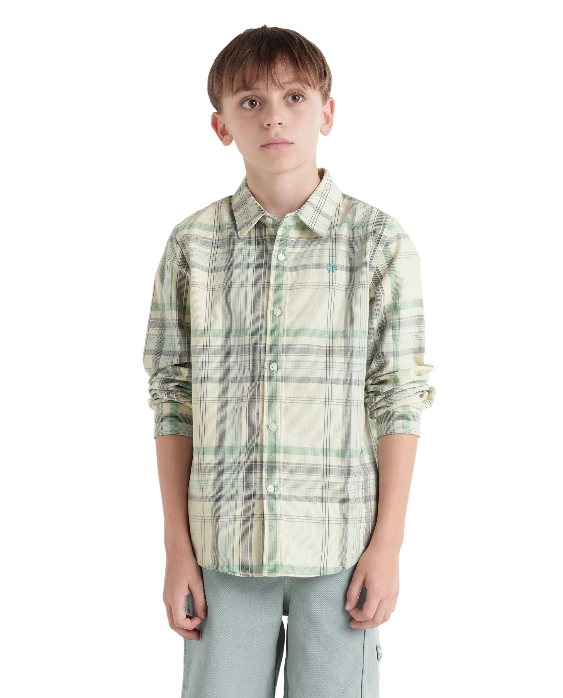 Rare Ones Kids Throo Light Green Cotton Blend Fabric Button Closure Regular Fit Shirt