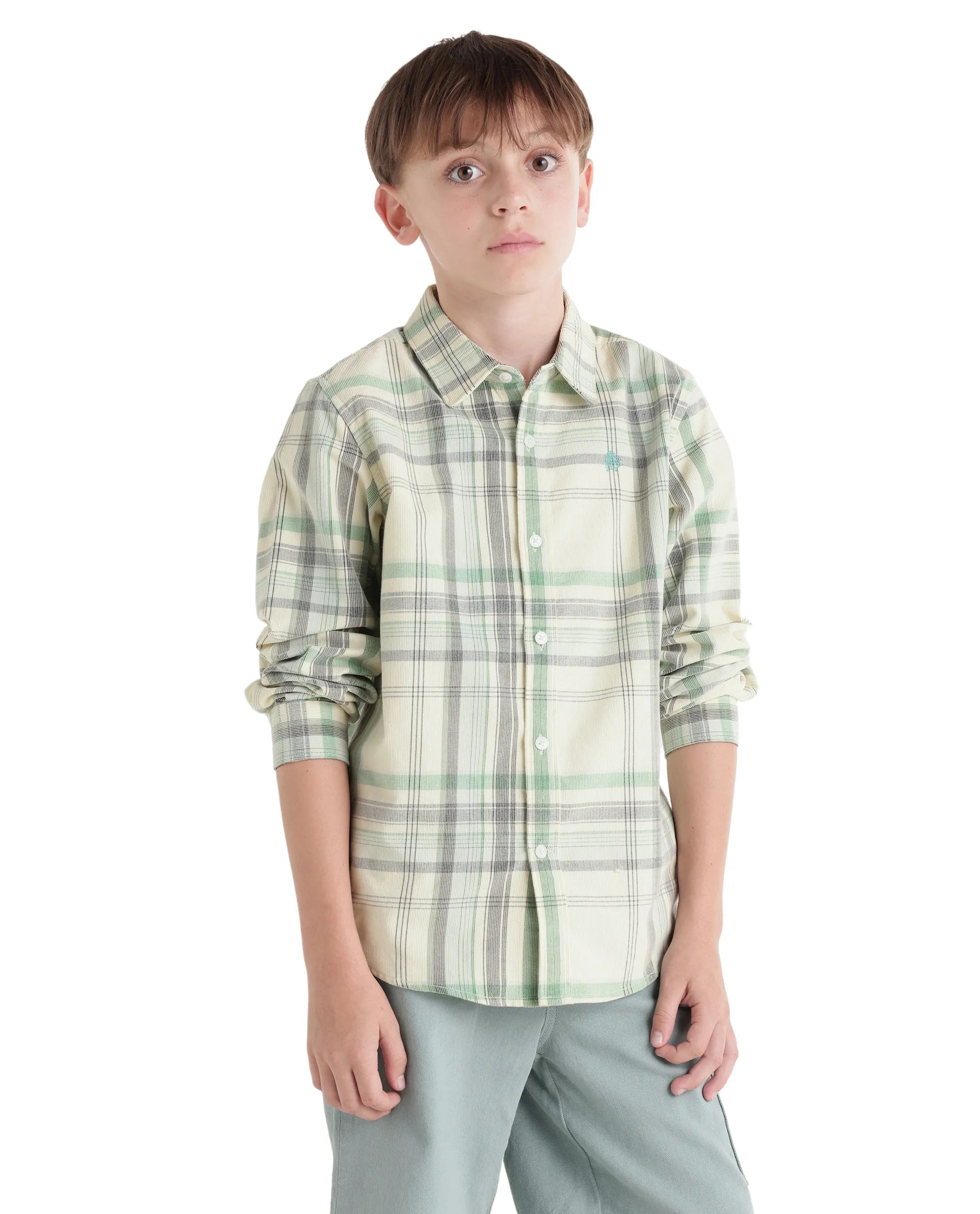 Rare Ones Kids Throo Light Green Cotton Blend Fabric Button Closure Regular Fit Shirt