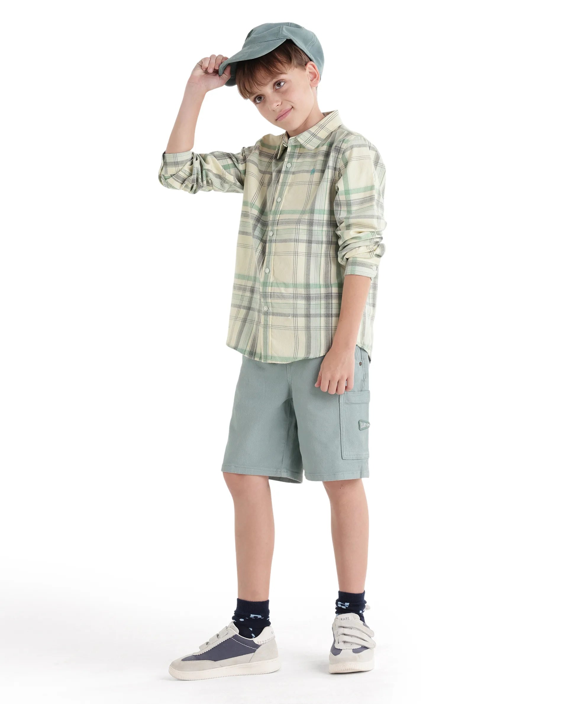 Rare Ones Kids Throo Light Green Cotton Blend Fabric Button Closure Regular Fit Shirt