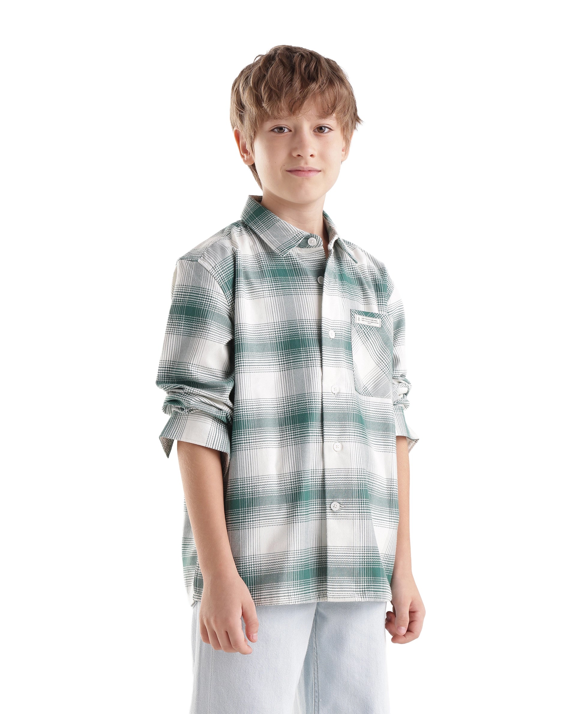 Rare Ones Kids Zhek Green Cotton Blend Fabric Button Closure Relaxed Fit Shirt