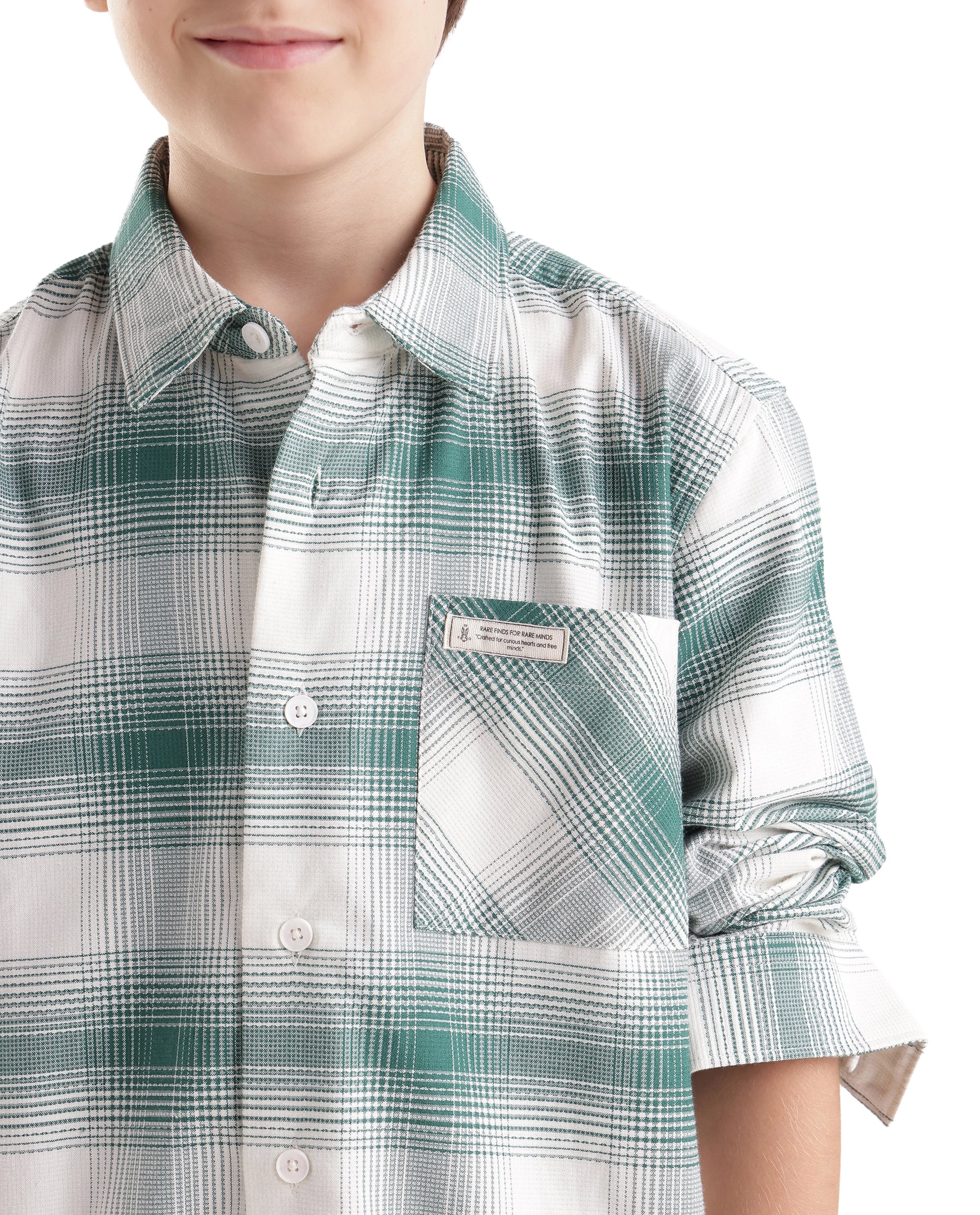 Rare Ones Kids Zhek Green Cotton Blend Fabric Button Closure Relaxed Fit Shirt