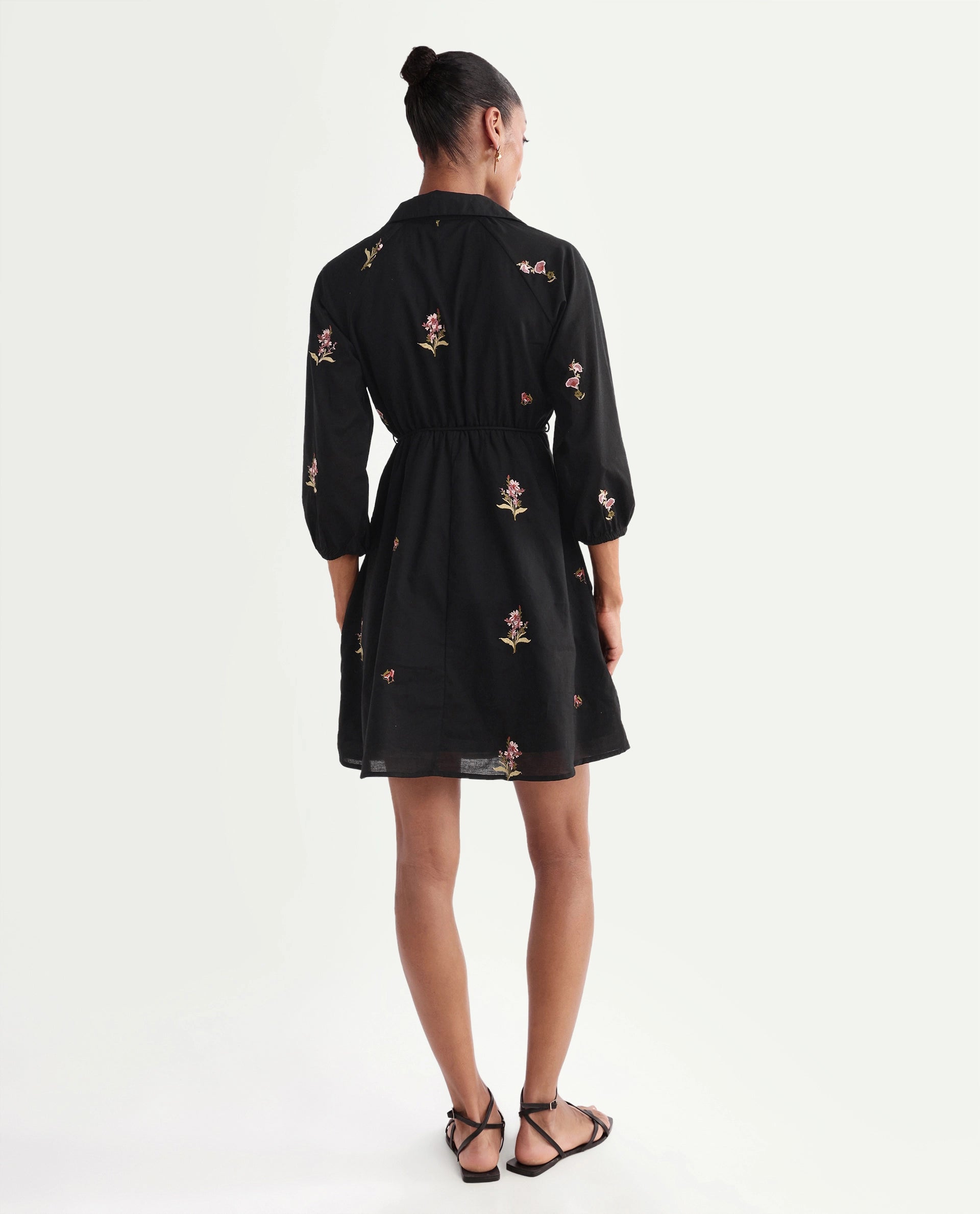 Rareism Women's Calyx Black Viscose Blend Johnny Collar Flared Plain Dress