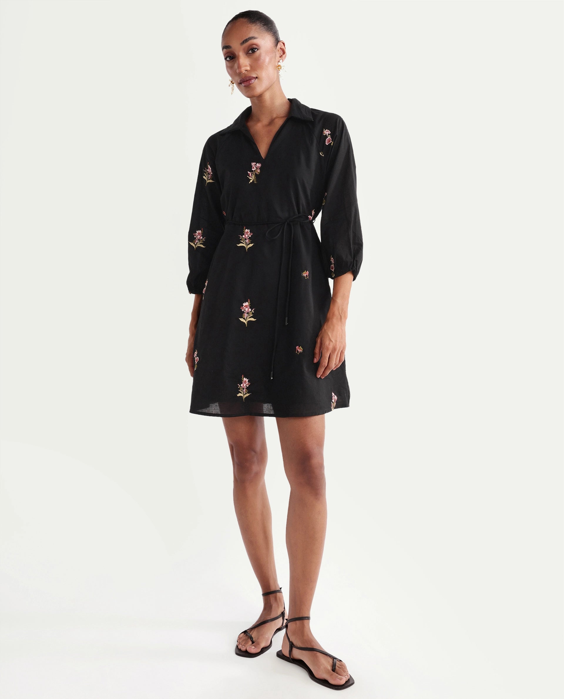 Rareism Women's Calyx Black Viscose Blend Johnny Collar Flared Plain Dress