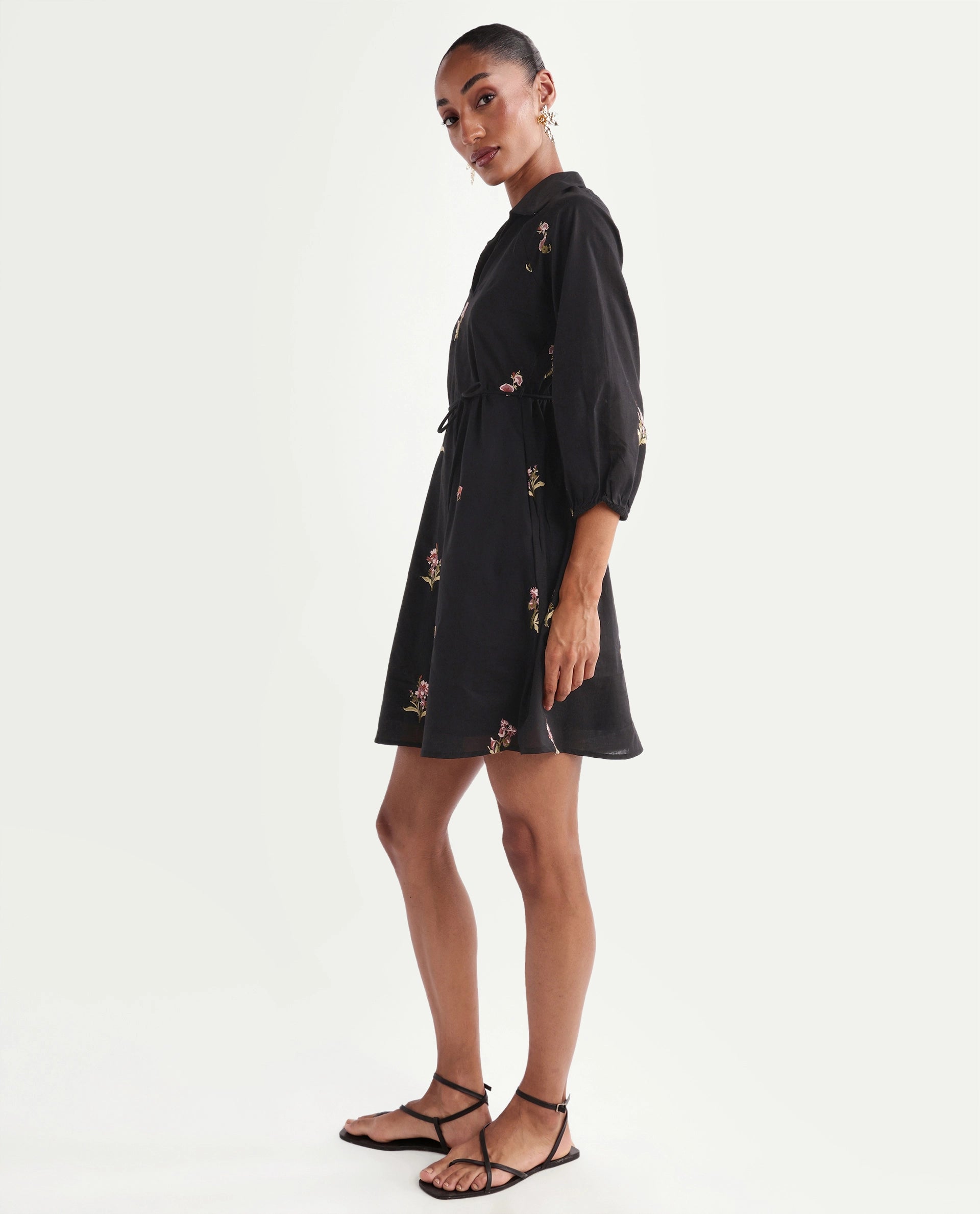 Rareism Women's Calyx Black Viscose Blend Johnny Collar Flared Plain Dress