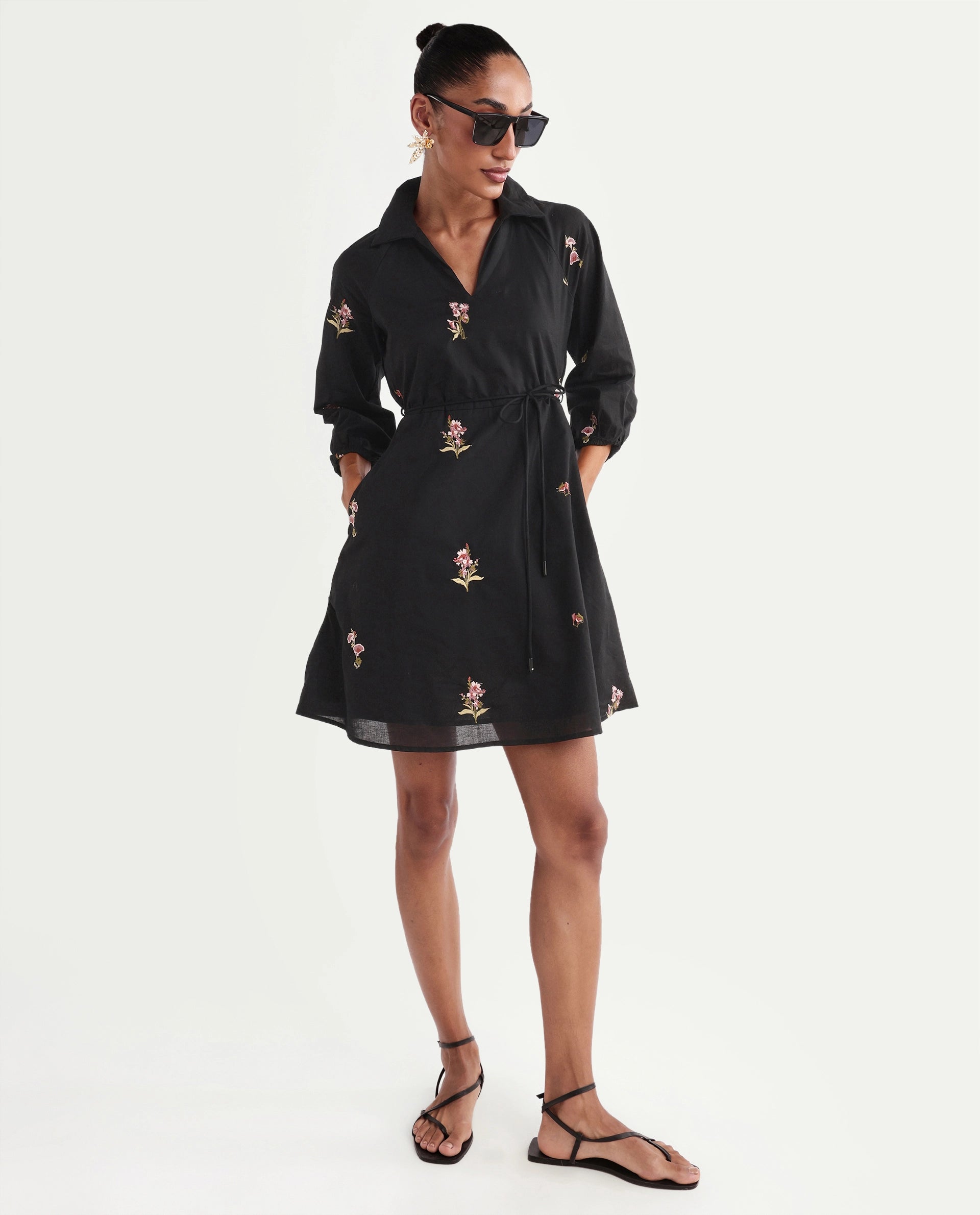Rareism Women's Calyx Black Viscose Blend Johnny Collar Flared Plain Dress