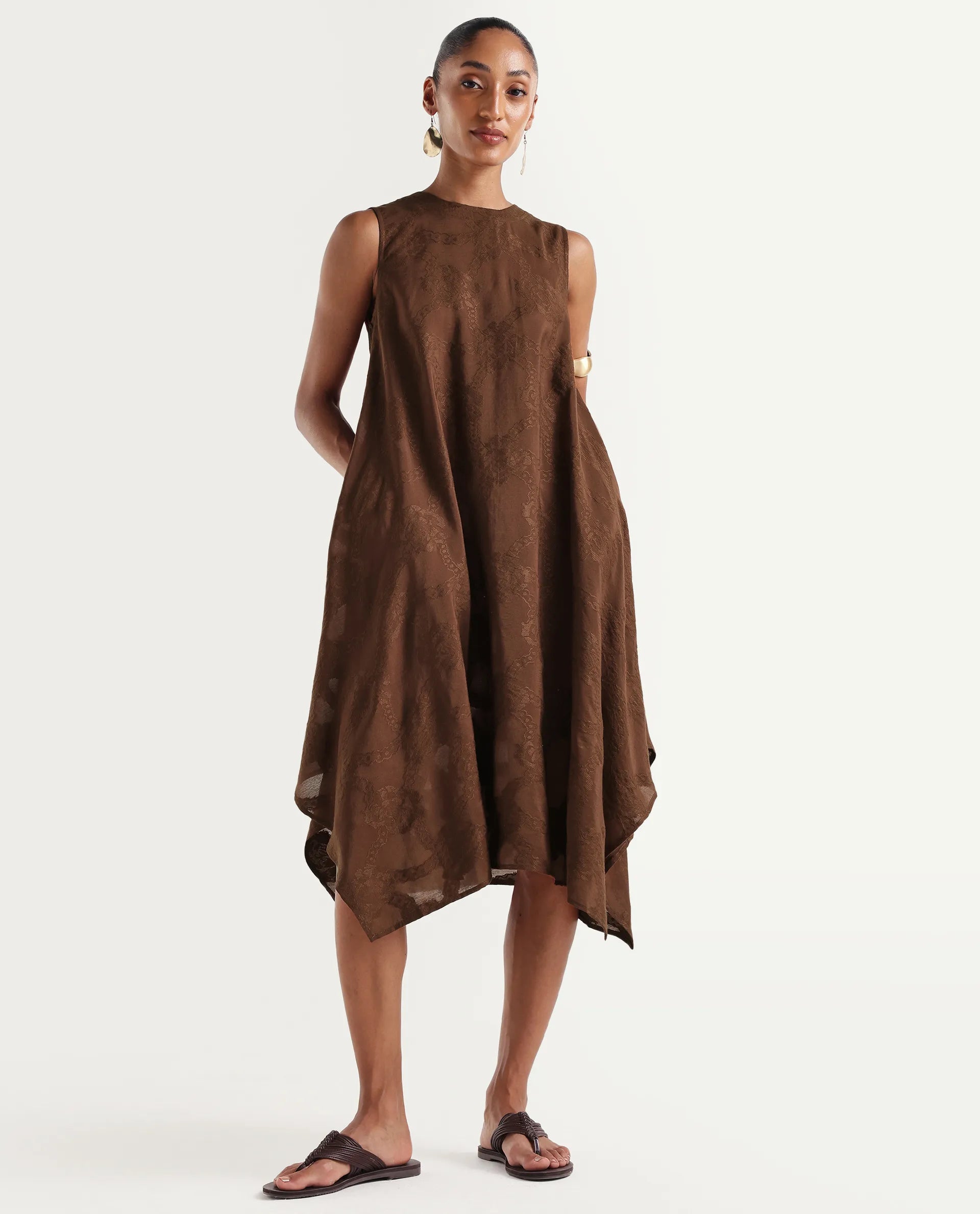 Rareism Women's Dassidy Rust Viscose Blend Crew Neck Button A-Line Jacquard Print Dress