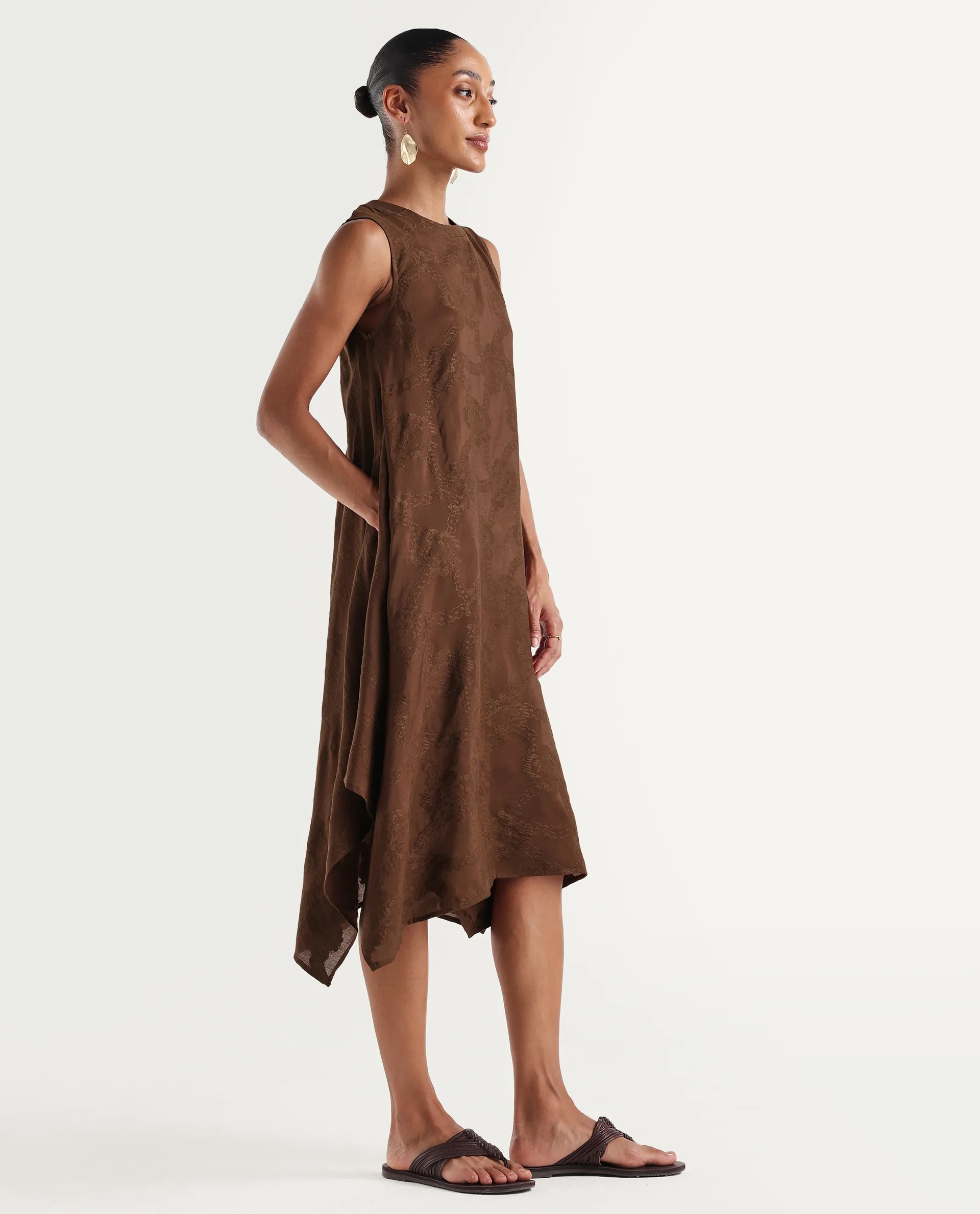 Rareism Women's Dassidy Rust Viscose Blend Crew Neck Button A-Line Jacquard Print Dress