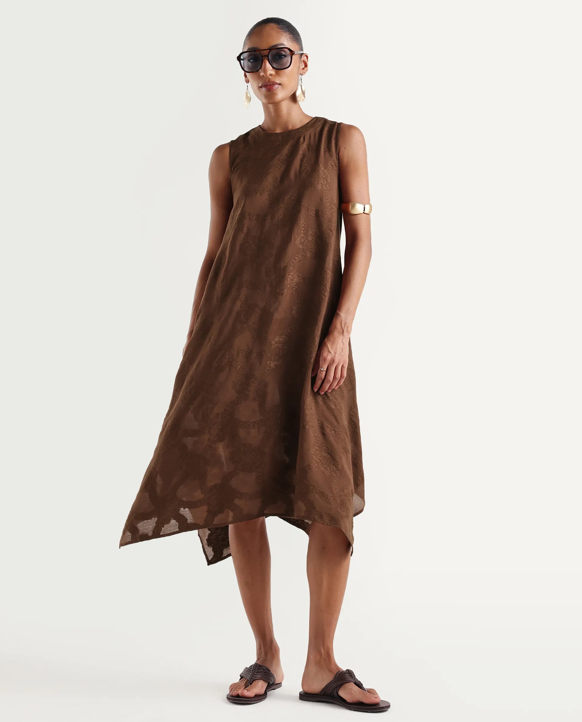 Rareism Women's Dassidy Rust Viscose Blend Crew Neck Button A-Line Jacquard Print Dress