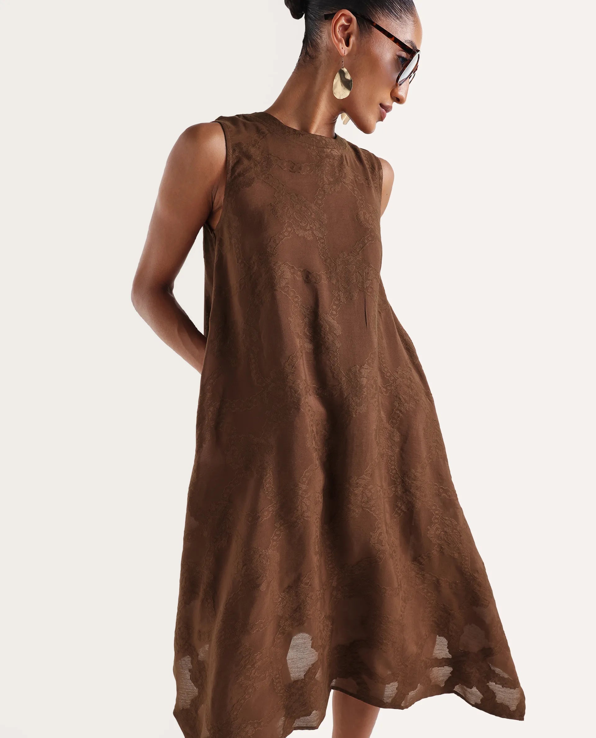 Rareism Women's Dassidy Rust Viscose Blend Crew Neck Button A-Line Jacquard Print Dress